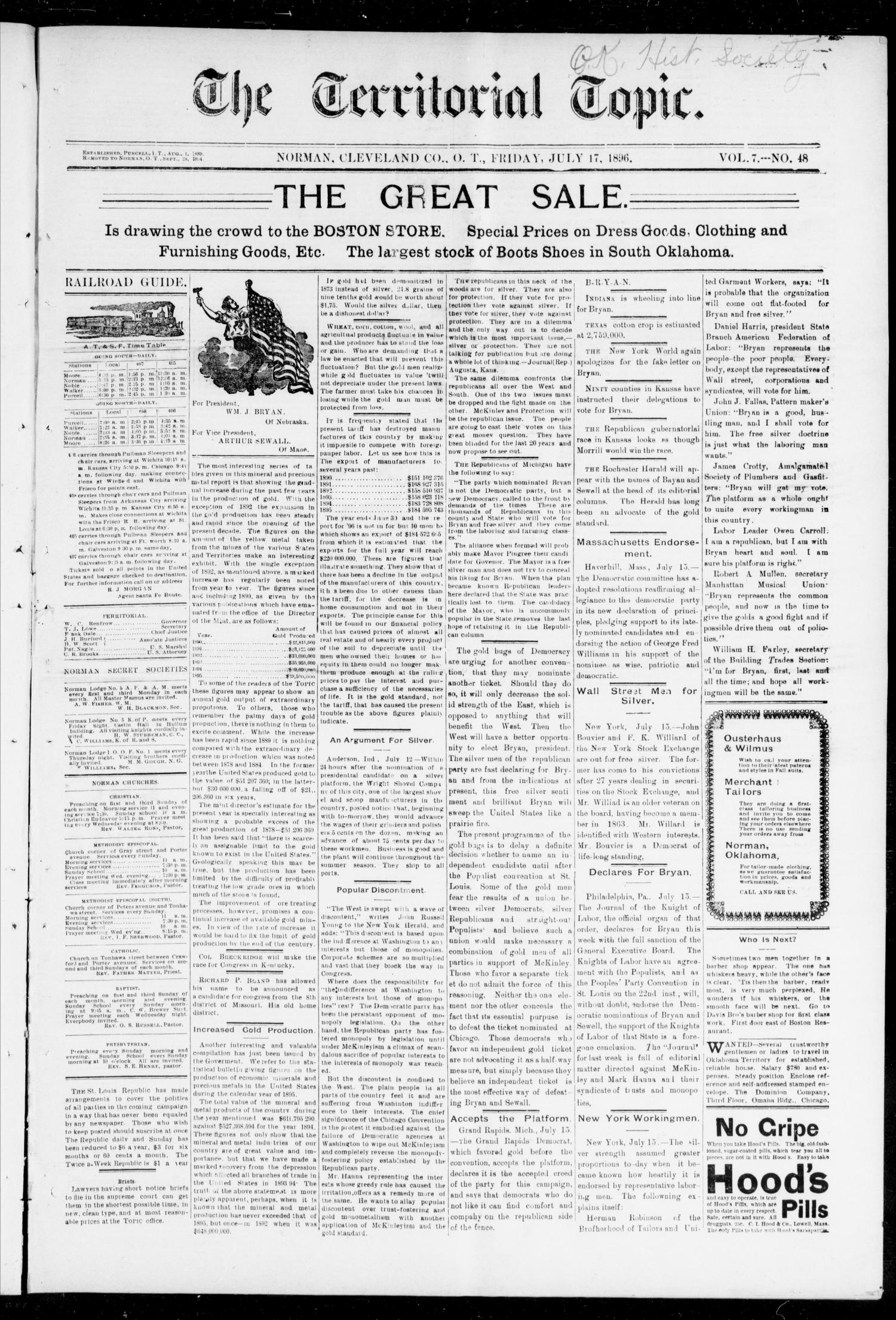 The Territorial Topic. (Norman, Okla. Terr.), Vol. 7, No. 51, Ed. 1 Friday, July 17, 1896
                                                
                                                    [Sequence #]: 1 of 8
                                                