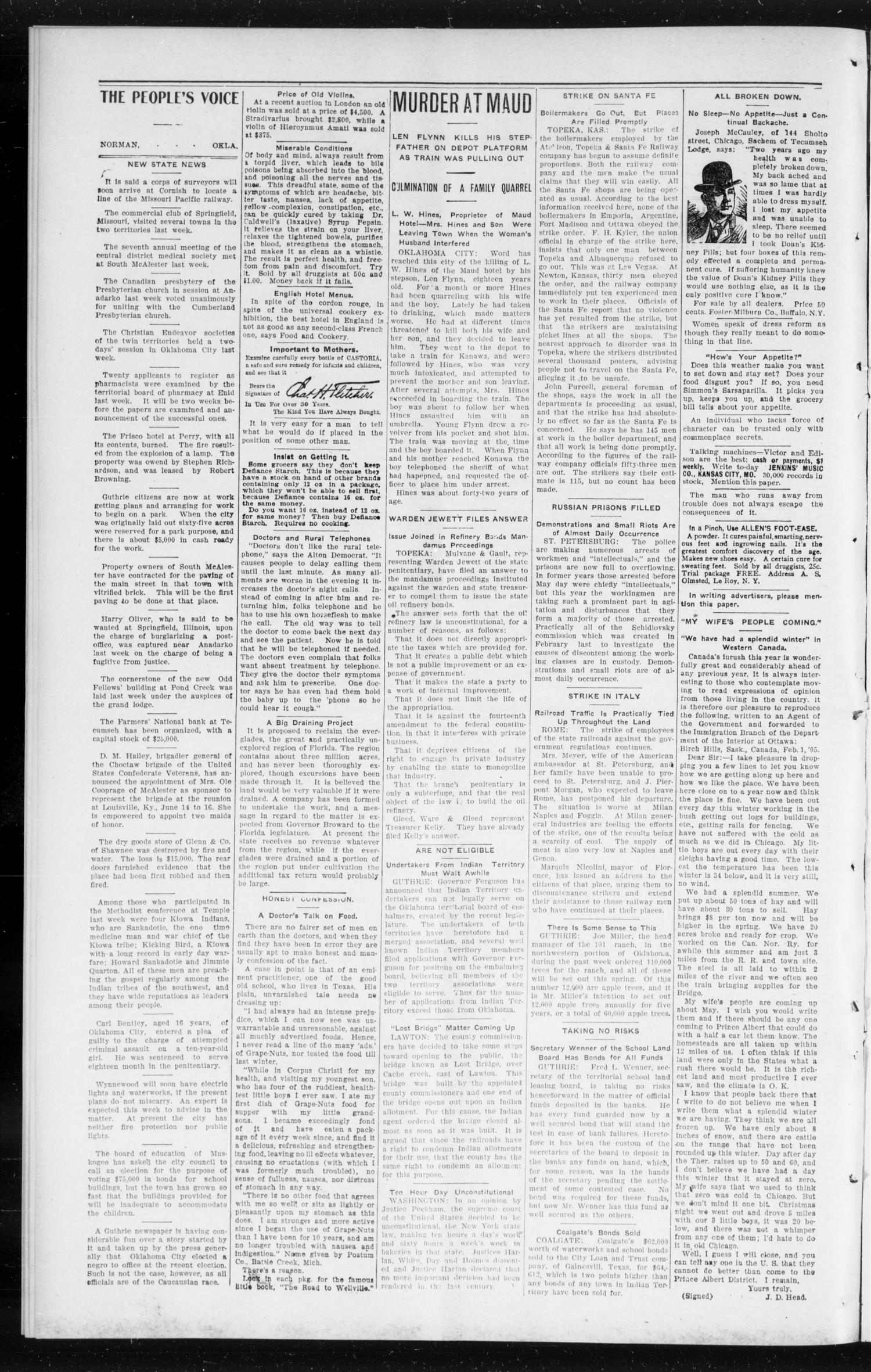 The Peoples Voice (Norman, Okla.), Vol. 13, No. 41, Ed. 1 Friday, April 21, 1905
                                                
                                                    [Sequence #]: 2 of 8
                                                