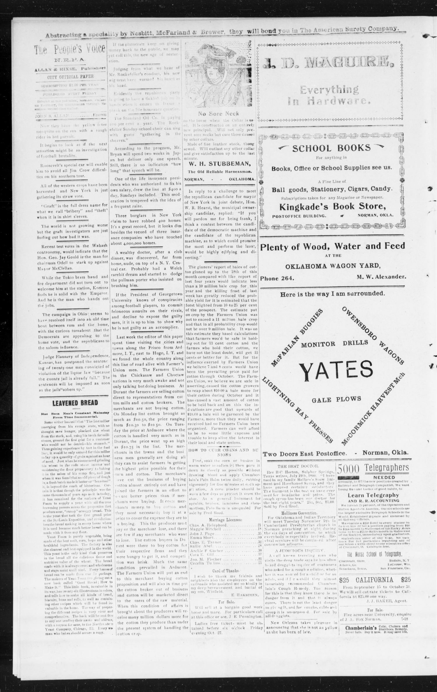 The Peoples Voice (Norman, Okla.), Vol. 14, No. 16, Ed. 1 Friday, October 27, 1905
                                                
                                                    [Sequence #]: 4 of 8
                                                