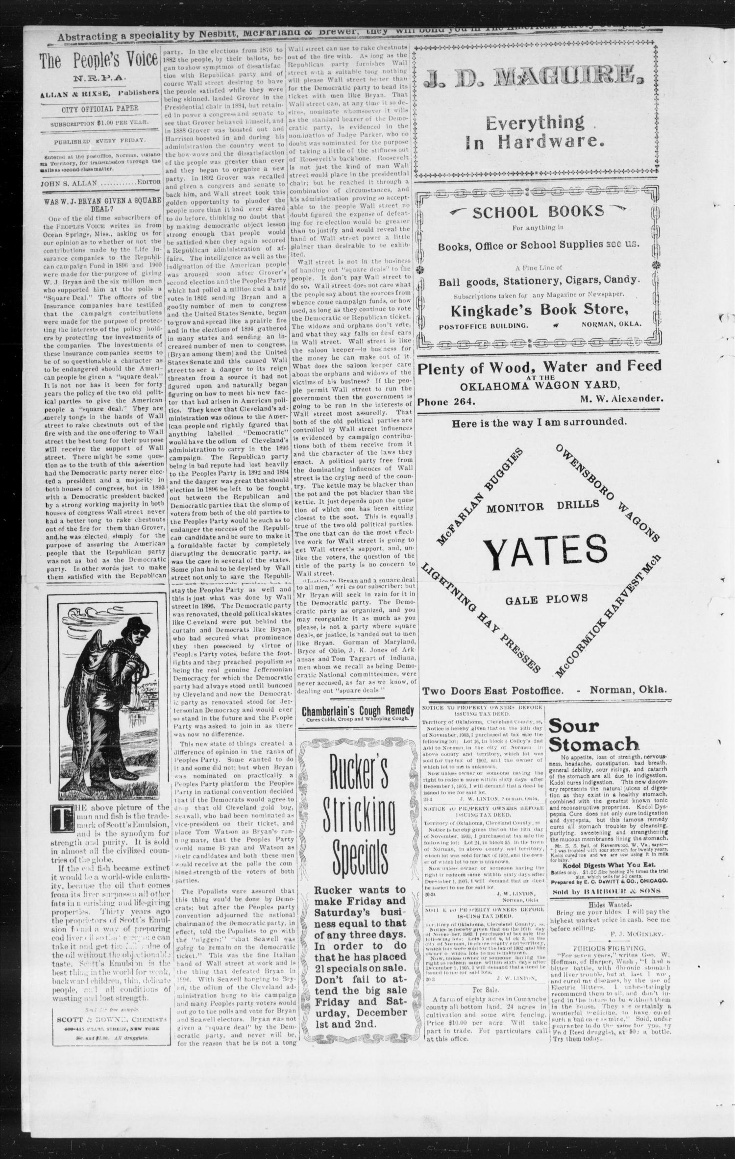The Peoples Voice (Norman, Okla.), Vol. 14, No. 21, Ed. 1 Friday, December 1, 1905
                                                
                                                    [Sequence #]: 4 of 8
                                                