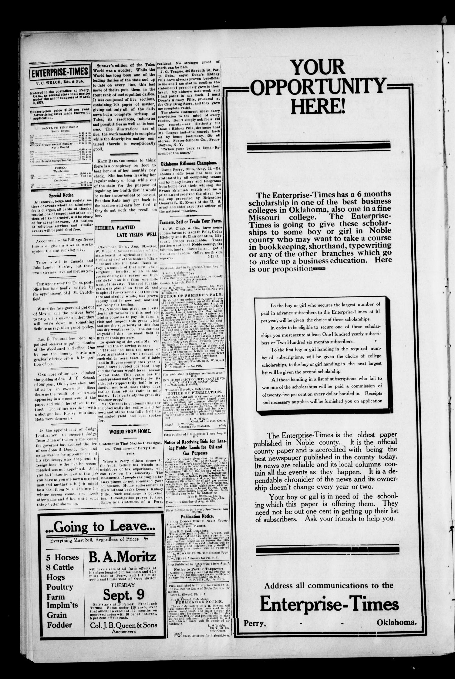 Perry Enterprise-Times. (Perry, Okla.), Vol. 20, No. 37, Ed. 1 Thursday, September 4, 1913
                                                
                                                    [Sequence #]: 2 of 4
                                                