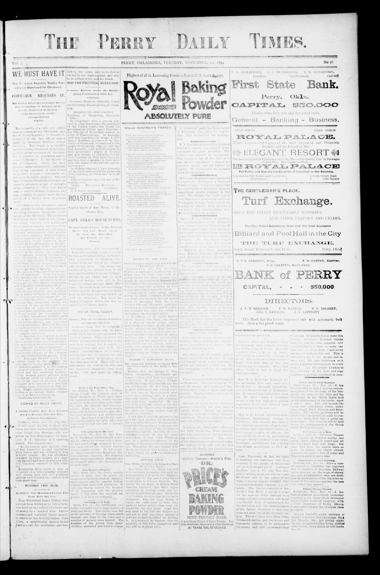 The Perry Daily Times. (Perry, Okla.), Vol. 2, No. 56, Ed. 1 Tuesday, November 20, 1894
                                                
                                                    [Sequence #]: 1 of 4
                                                