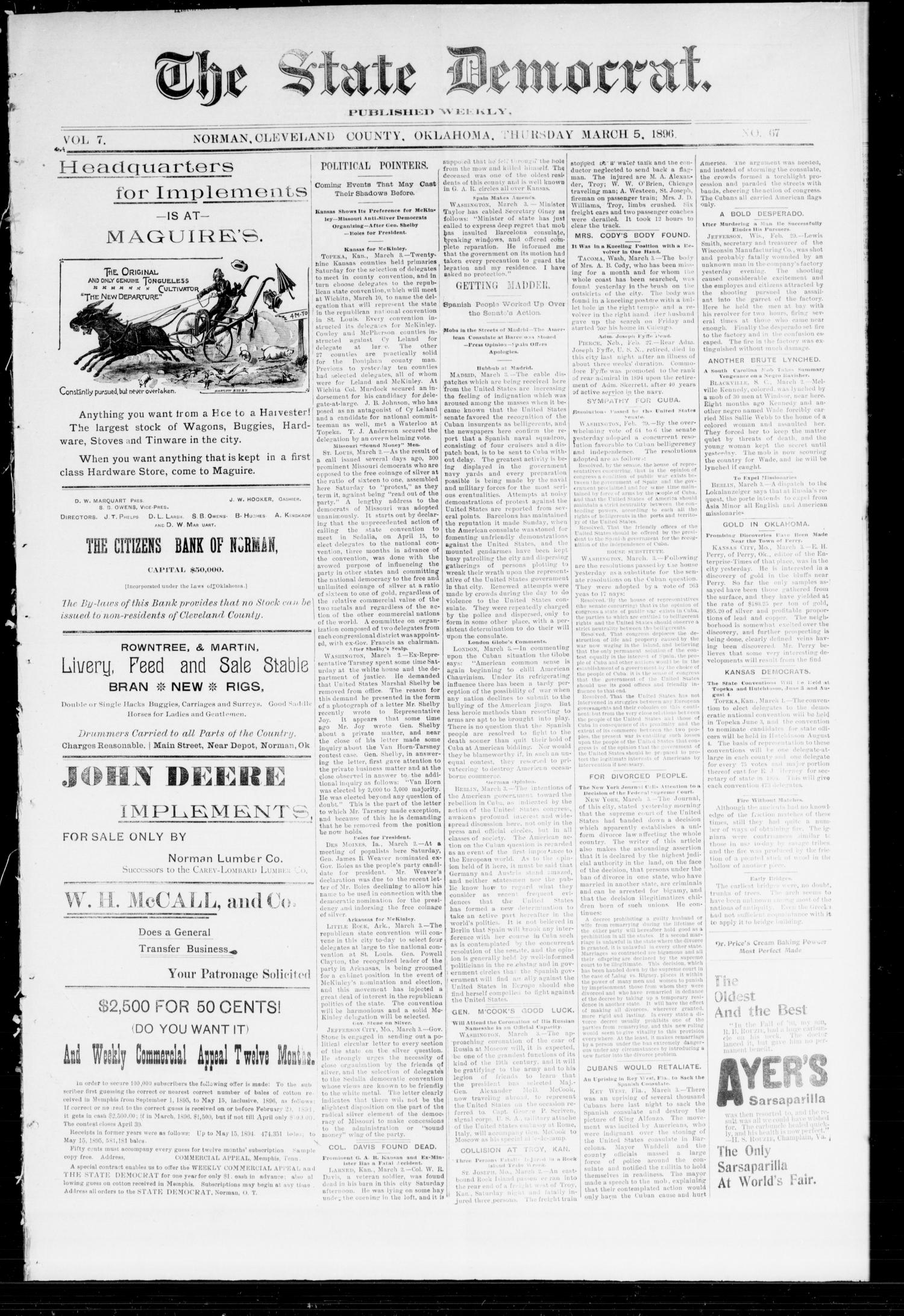 The State Democrat. (Norman, Okla.), Vol. 7, No. 67, Ed. 1 Thursday, March 5, 1896
                                                
                                                    [Sequence #]: 1 of 4
                                                