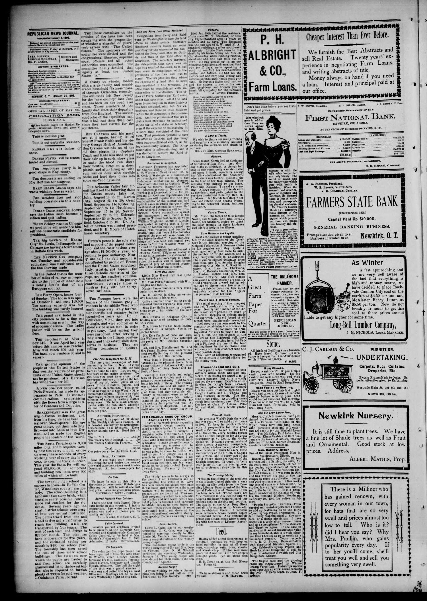 Republican News Journal. (Newkirk, Okla. Terr.), Vol. 9, No. 15, Ed. 1 Friday, January 24, 1902
                                                
                                                    [Sequence #]: 4 of 8
                                                