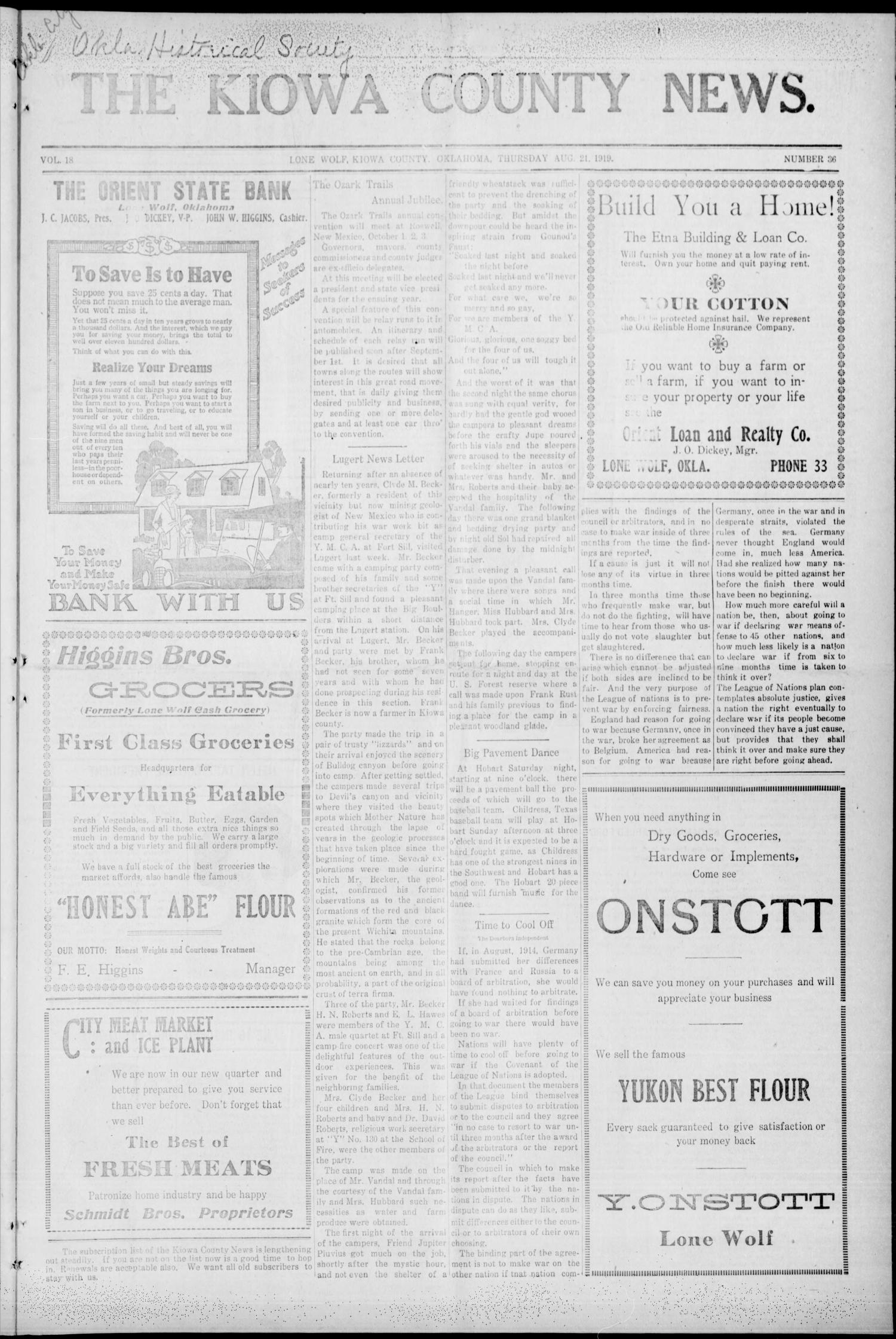 The Kiowa County News. (Lone Wolf, Okla.), Vol. 18, No. 36, Ed. 1 Thursday, August 21, 1919
                                                
                                                    [Sequence #]: 1 of 8
                                                