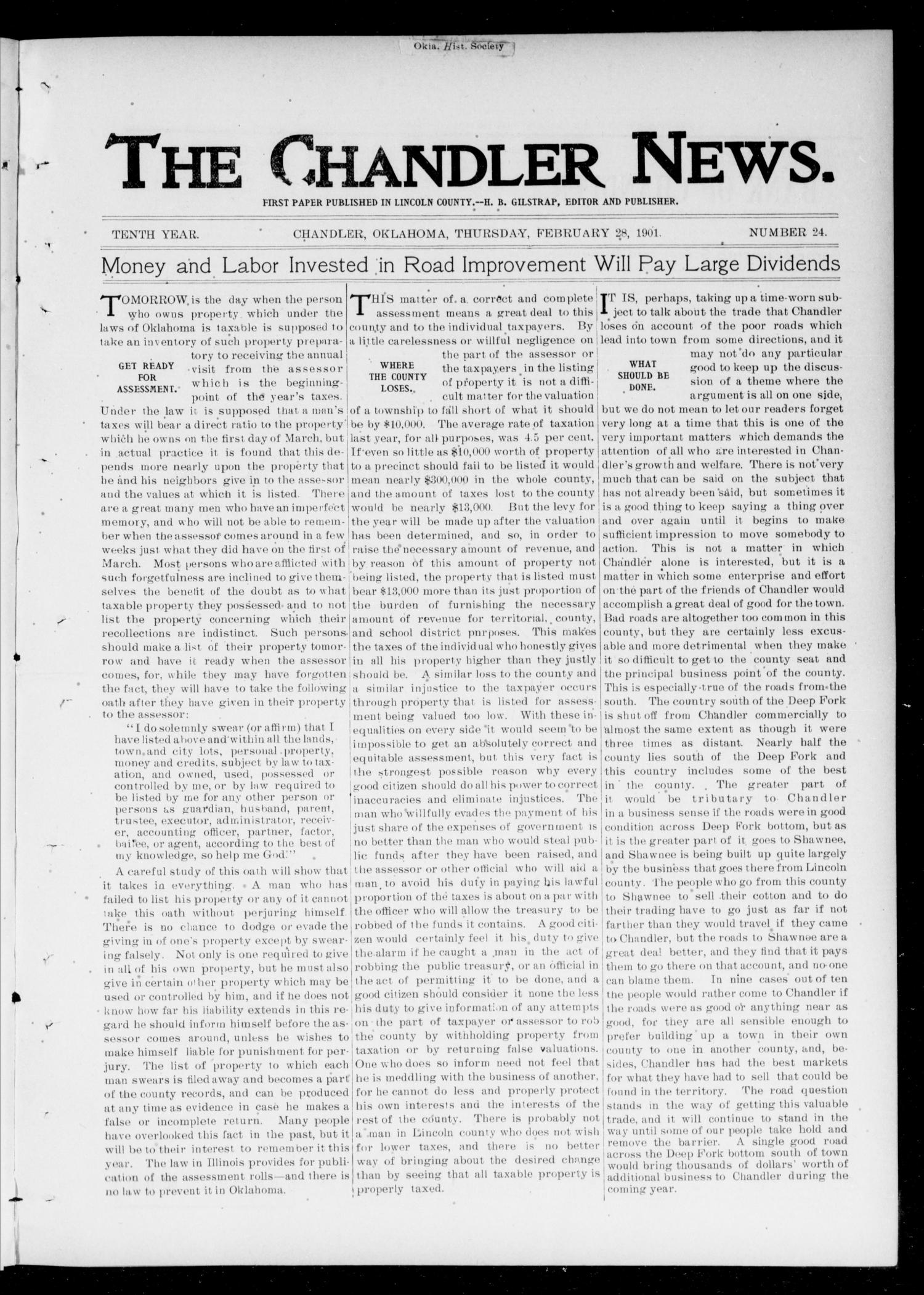 The Chandler News. (Chandler, Okla.), Vol. 10, No. 24, Ed. 1 Thursday, February 28, 1901
                                                
                                                    [Sequence #]: 1 of 8
                                                