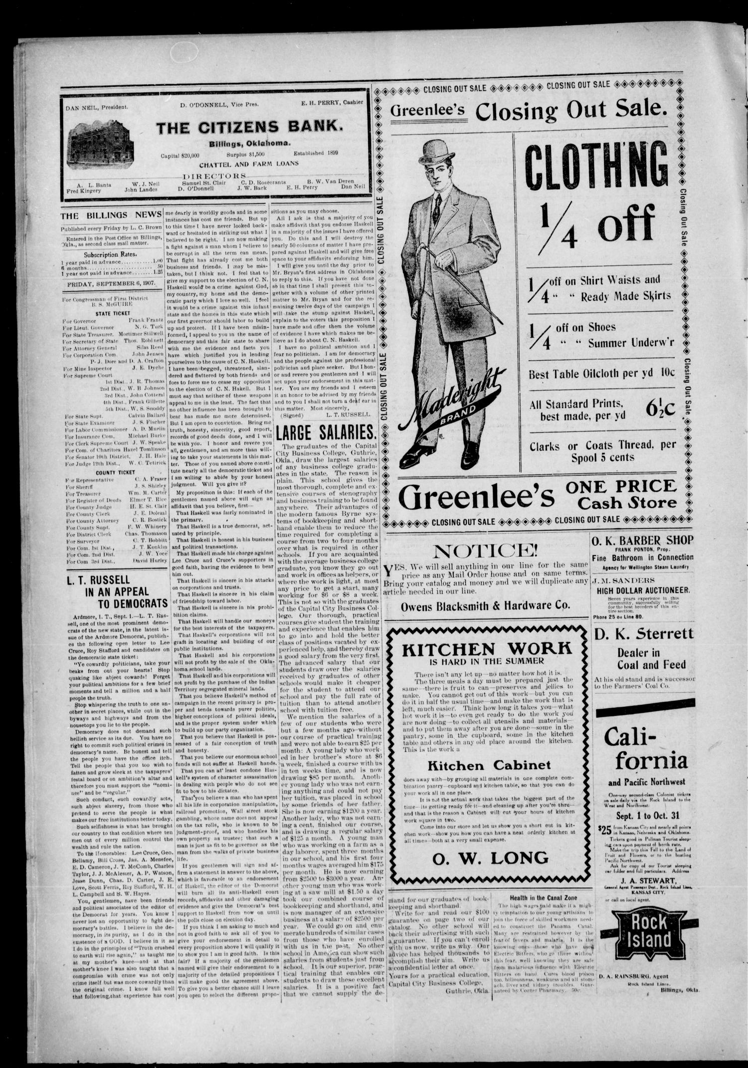 The Billings News. (Billings, Okla.), Vol. 8, No. 51, Ed. 1 Friday, September 6, 1907
                                                
                                                    [Sequence #]: 2 of 4
                                                