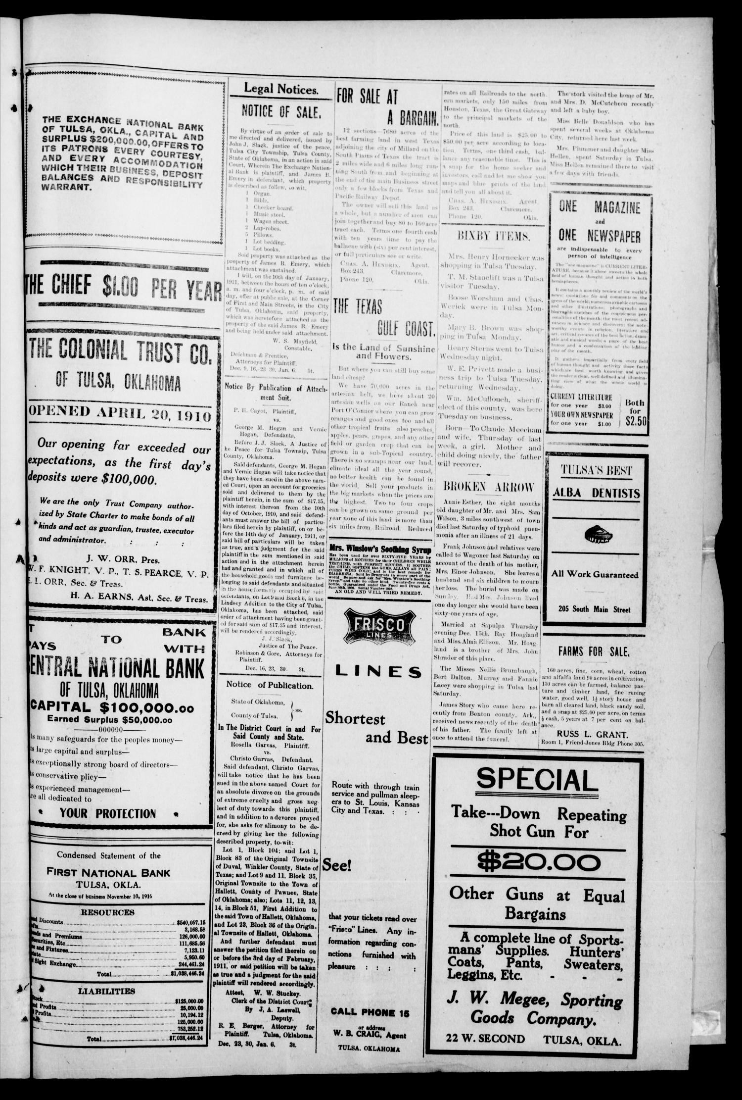 The Tulsa Chief. (Tulsa, Okla.), Vol. 10, No. 41, Ed. 1 Friday, December 30, 1910
                                                
                                                    [Sequence #]: 5 of 8
                                                