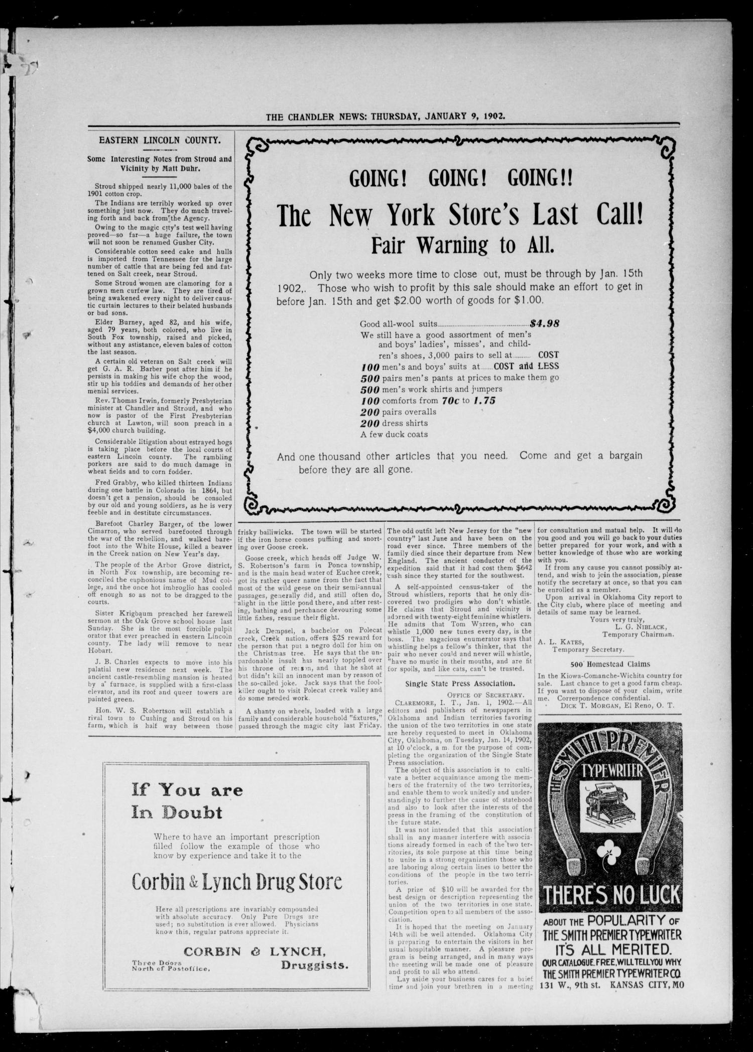 The Chandler News. (Chandler, Okla.), Vol. 11, No. 17, Ed. 1 Thursday, January 9, 1902
                                                
                                                    [Sequence #]: 3 of 12
                                                