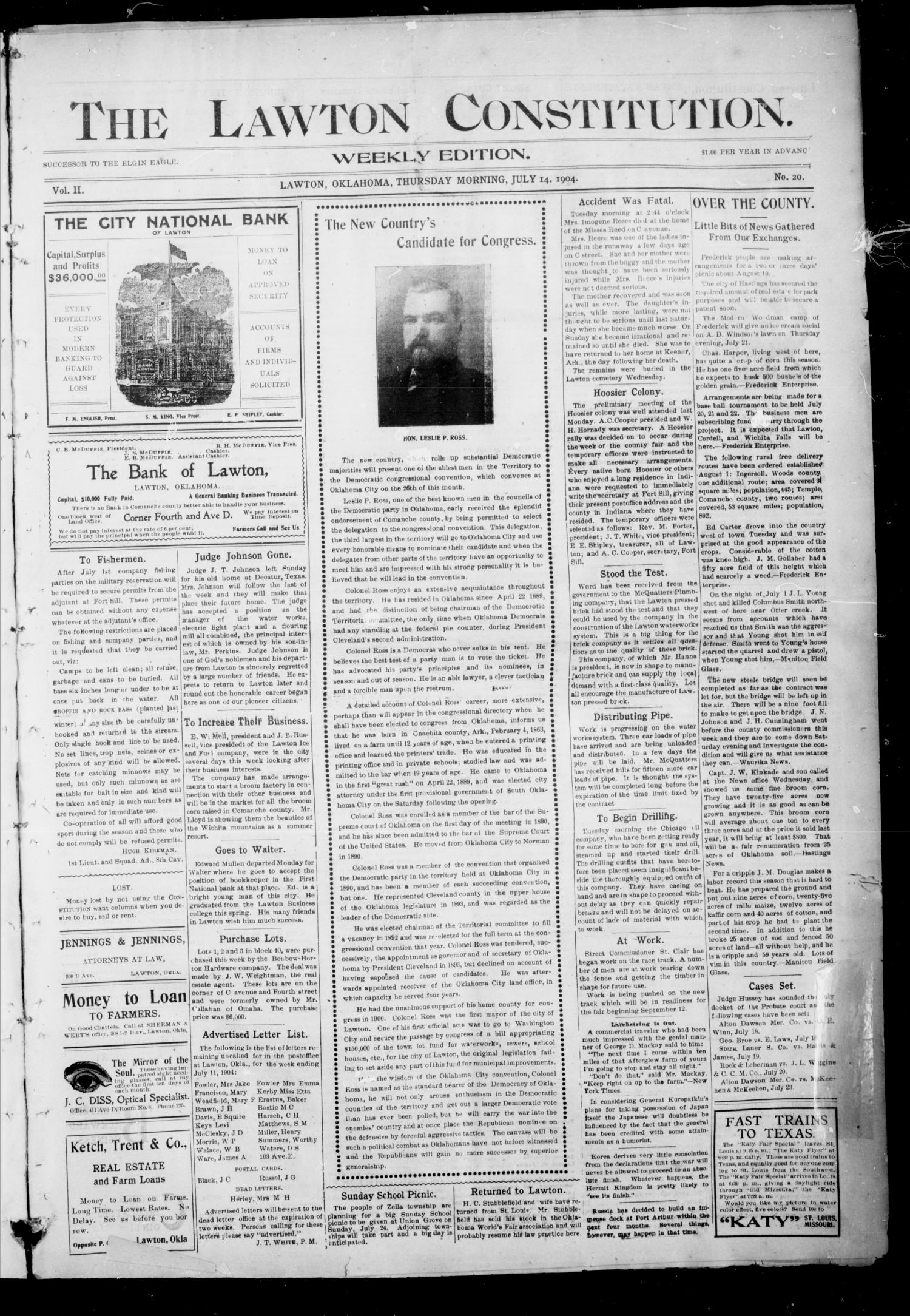 The Lawton Constitution. (Lawton, Okla.), Vol. 2, No. 20, Ed. 1 Thursday, July 14, 1904
                                                
                                                    [Sequence #]: 1 of 4
                                                