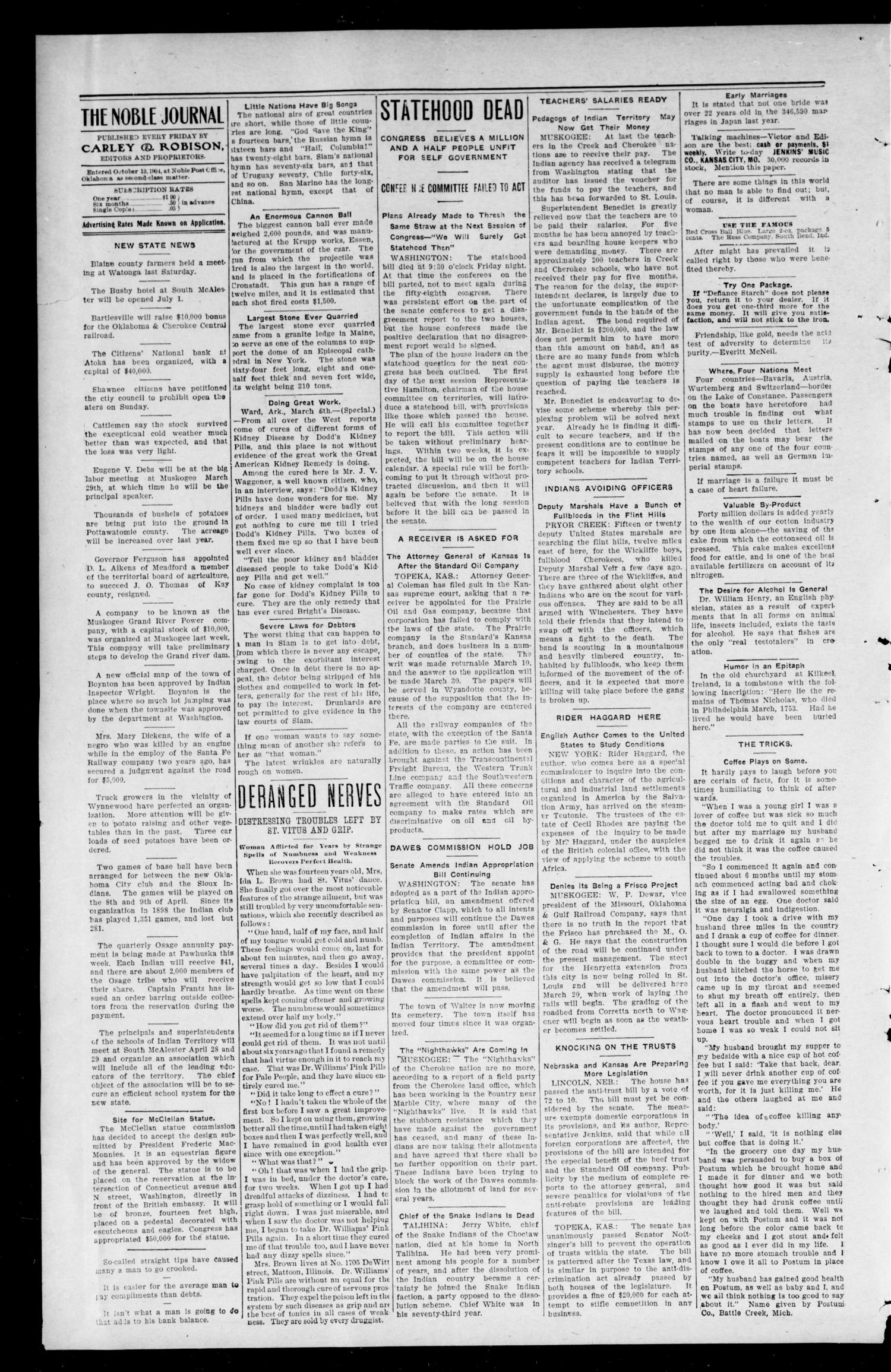 The Noble Weekly Journal. (Noble, Okla.), Vol. 1, No. 22, Ed. 1 Friday, March 10, 1905
                                                
                                                    [Sequence #]: 2 of 4
                                                
