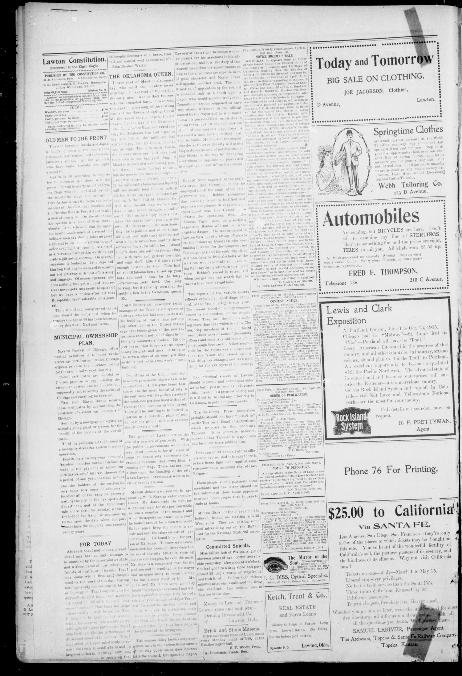 The Lawton Constitution. (Lawton, Okla.), Vol. 3, No. 10, Ed. 1 Thursday, May 11, 1905
                                                
                                                    [Sequence #]: 6 of 8
                                                