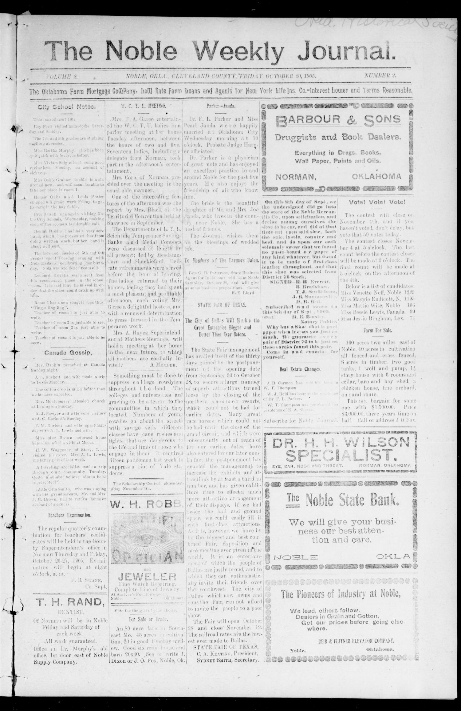 The Noble Weekly Journal. (Noble, Okla.), Vol. 2, No. 2, Ed. 1 Friday, October 20, 1905
                                                
                                                    [Sequence #]: 1 of 8
                                                