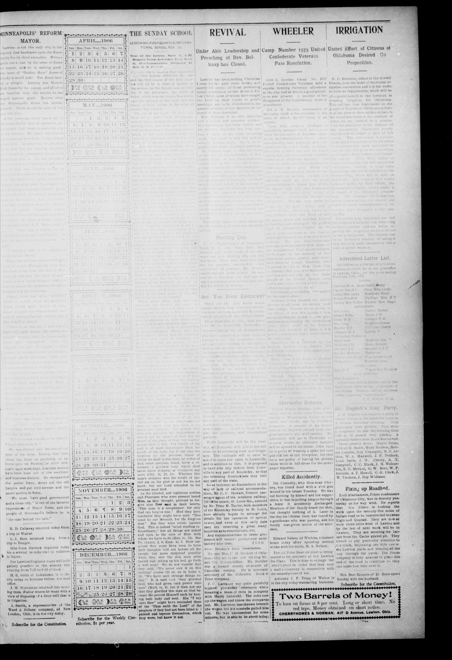 The Lawton Constitution. (Lawton, Okla.), Vol. 3, No. 50, Ed. 1 Thursday, February 15, 1906
                                                
                                                    [Sequence #]: 3 of 8
                                                