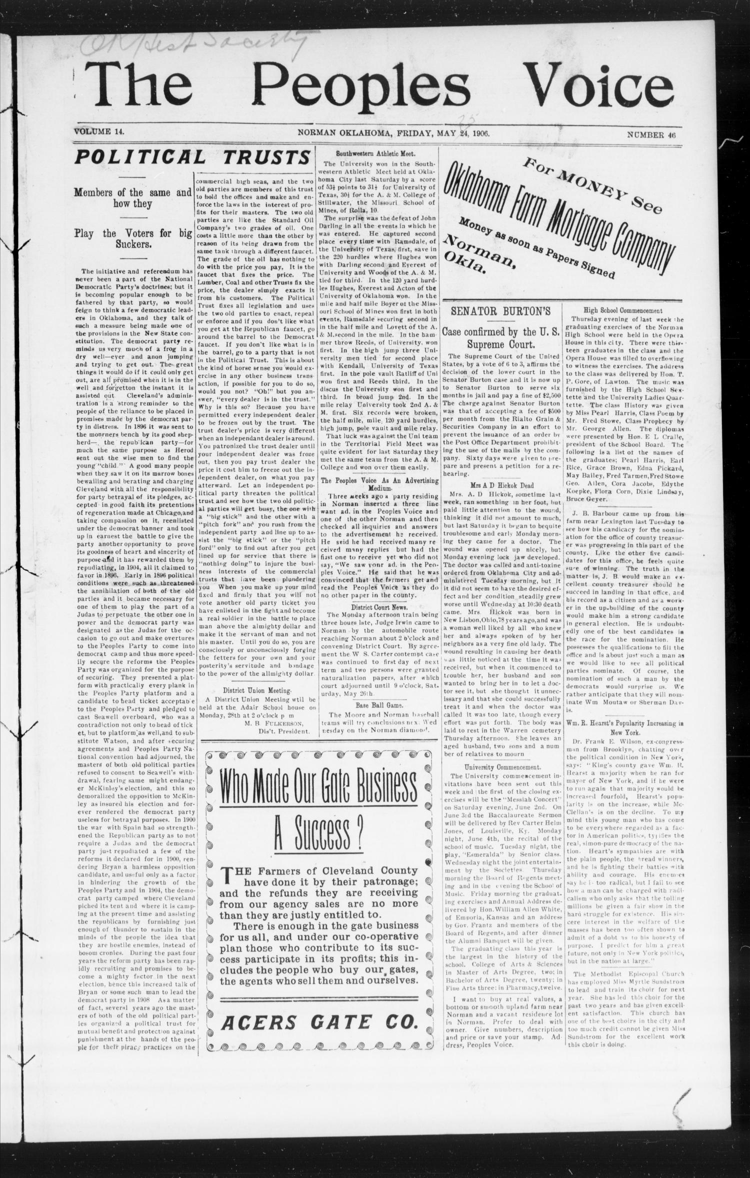 The Peoples Voice (Norman, Okla.), Vol. 14, No. 46, Ed. 1 Friday, May 25, 1906
                                                
                                                    [Sequence #]: 1 of 8
                                                