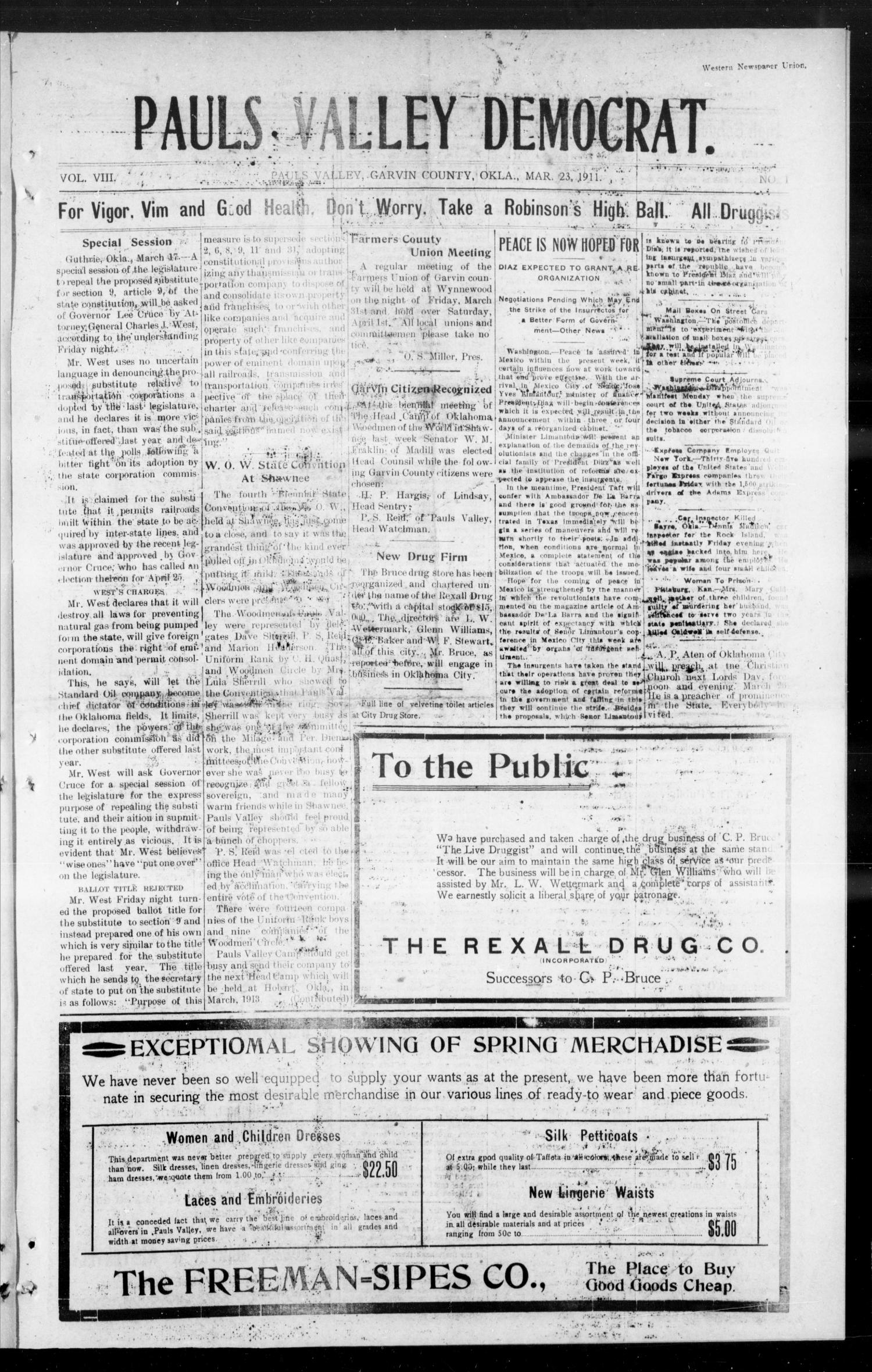 Pauls Valley Democrat. (Pauls Valley, Okla.), Vol. 8, No. 3, Ed. 1 Thursday, March 23, 1911
                                                
                                                    [Sequence #]: 1 of 8
                                                