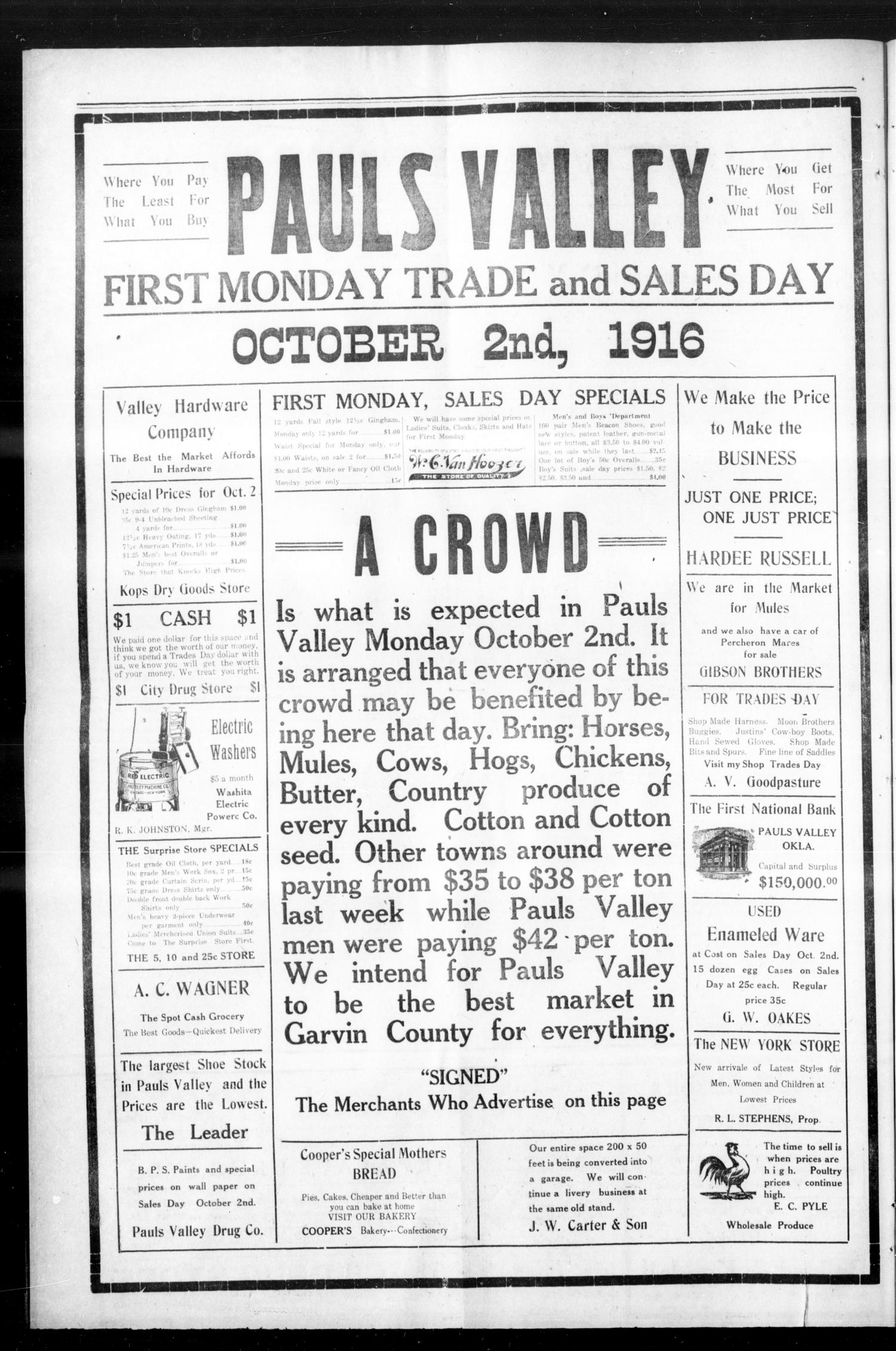 Pauls Valley Democrat (Pauls Valley, Okla.), Vol. 13, No. 29, Ed. 1 Thursday, September 28, 1916
                                                
                                                    [Sequence #]: 2 of 8
                                                