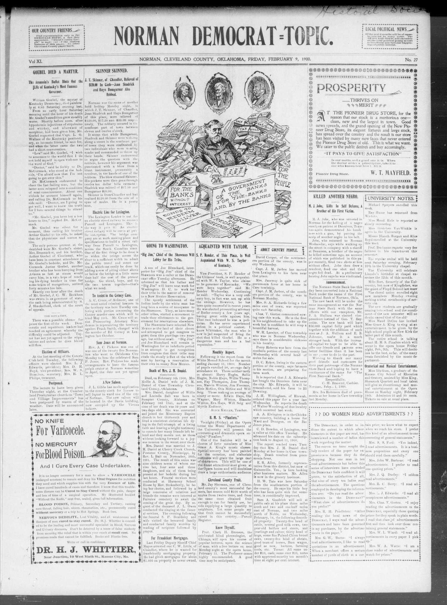 Norman Democrat--Topic. (Norman, Okla.), Vol. 11, No. 27, Ed. 1 Friday, February 9, 1900
                                                
                                                    [Sequence #]: 1 of 4
                                                