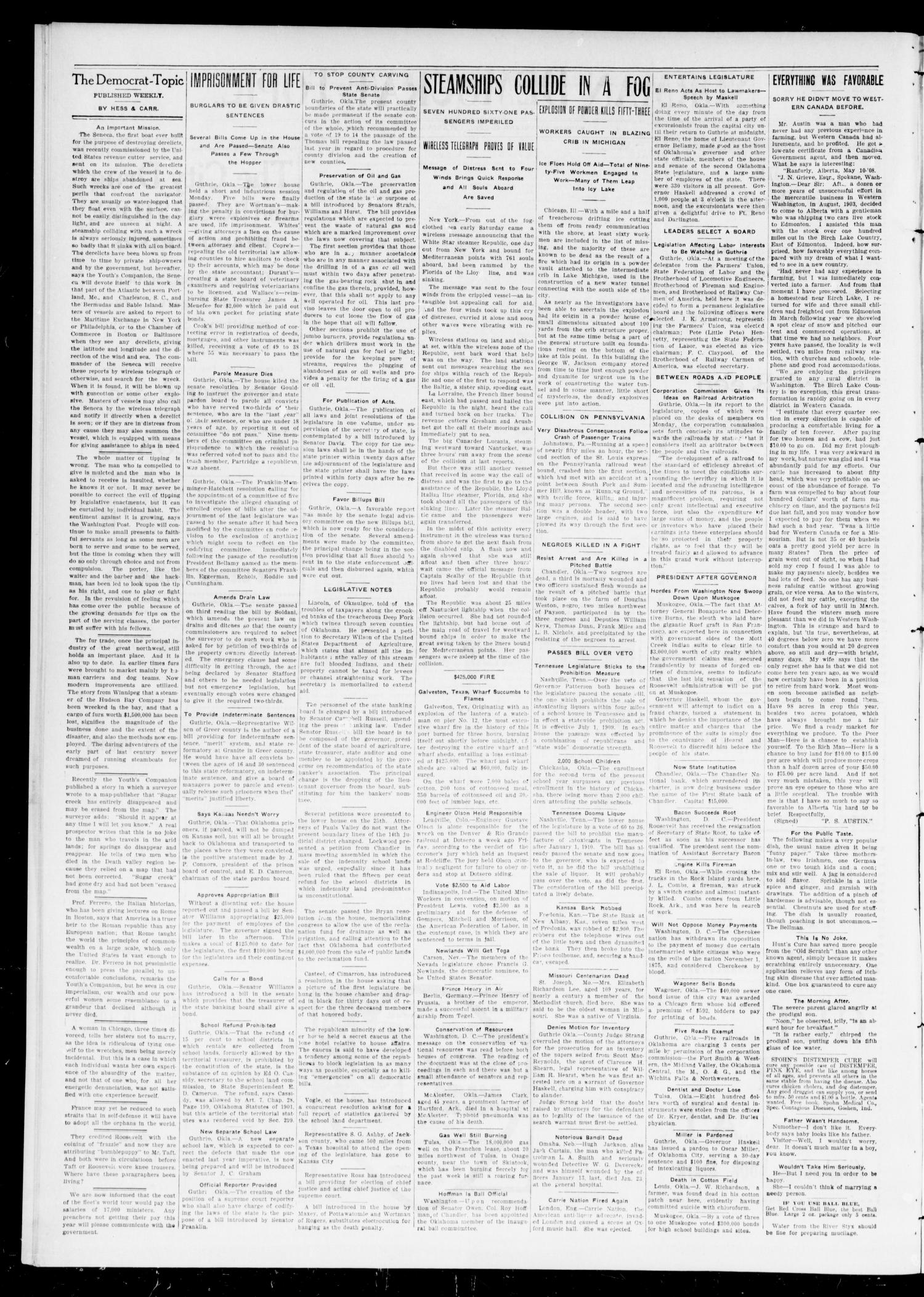 Norman Democrat--Topic. (Norman, Okla.), Vol. 18, No. 28, Ed. 1 Friday, January 29, 1909
                                                
                                                    [Sequence #]: 2 of 8
                                                
