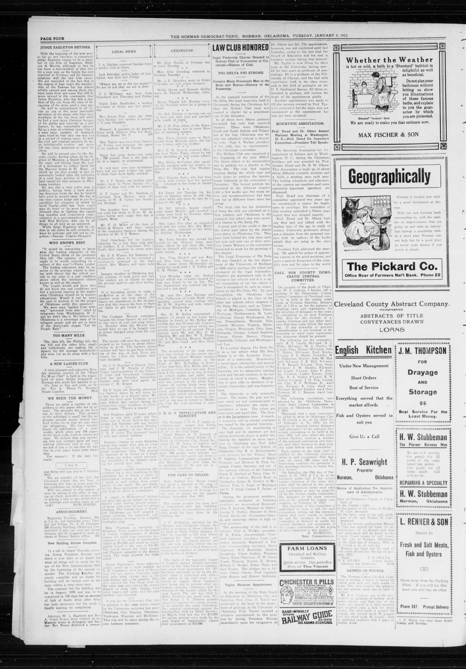 The Norman Democrat-Topic (Norman, Okla.), Vol. 23, No. 31, Ed. 1 Tuesday, January 9, 1912
                                                
                                                    [Sequence #]: 4 of 4
                                                