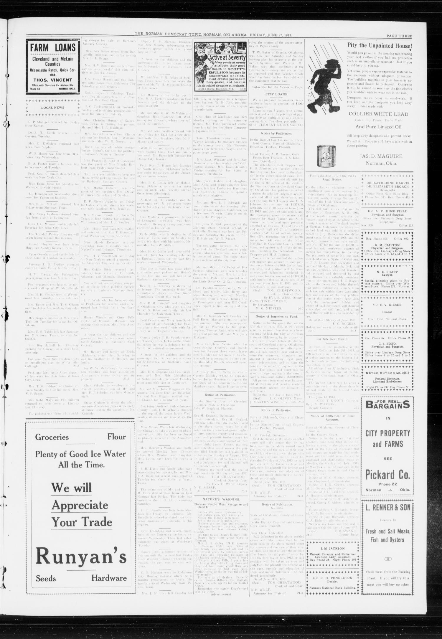 The Norman Democrat-Topic (Norman, Okla.), Vol. 24, No. 26, Ed. 1 Friday, June 27, 1913
                                                
                                                    [Sequence #]: 3 of 4
                                                