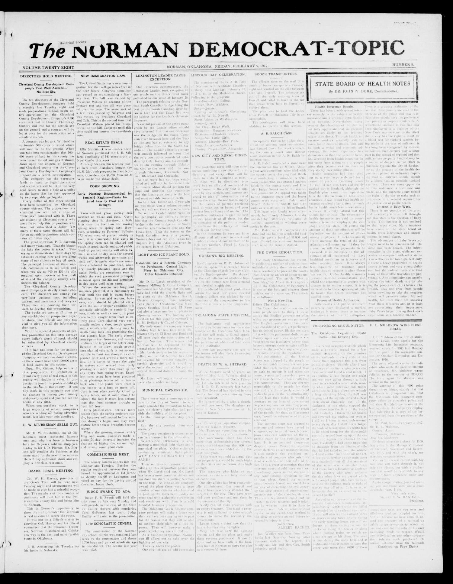 The Norman Democrat--Topic (Norman, Okla.), Vol. 28, No. 8, Ed. 1 Friday, February 9, 1917
                                                
                                                    [Sequence #]: 1 of 8
                                                