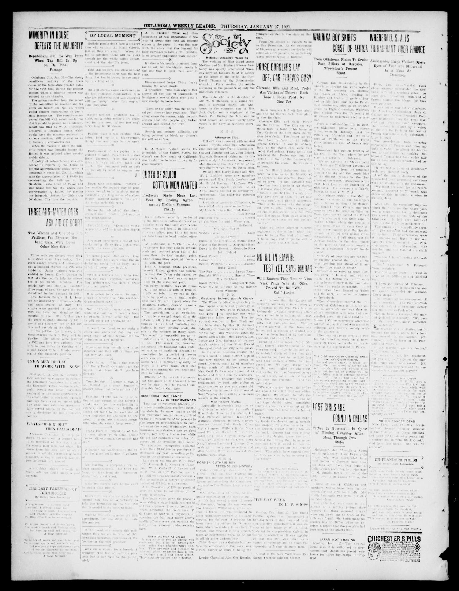 Oklahoma Weekly Leader (Guthrie, Okla.), Vol. 30, No. 46, Ed. 1 Thursday, January 27, 1921
                                                
                                                    [Sequence #]: 4 of 4
                                                