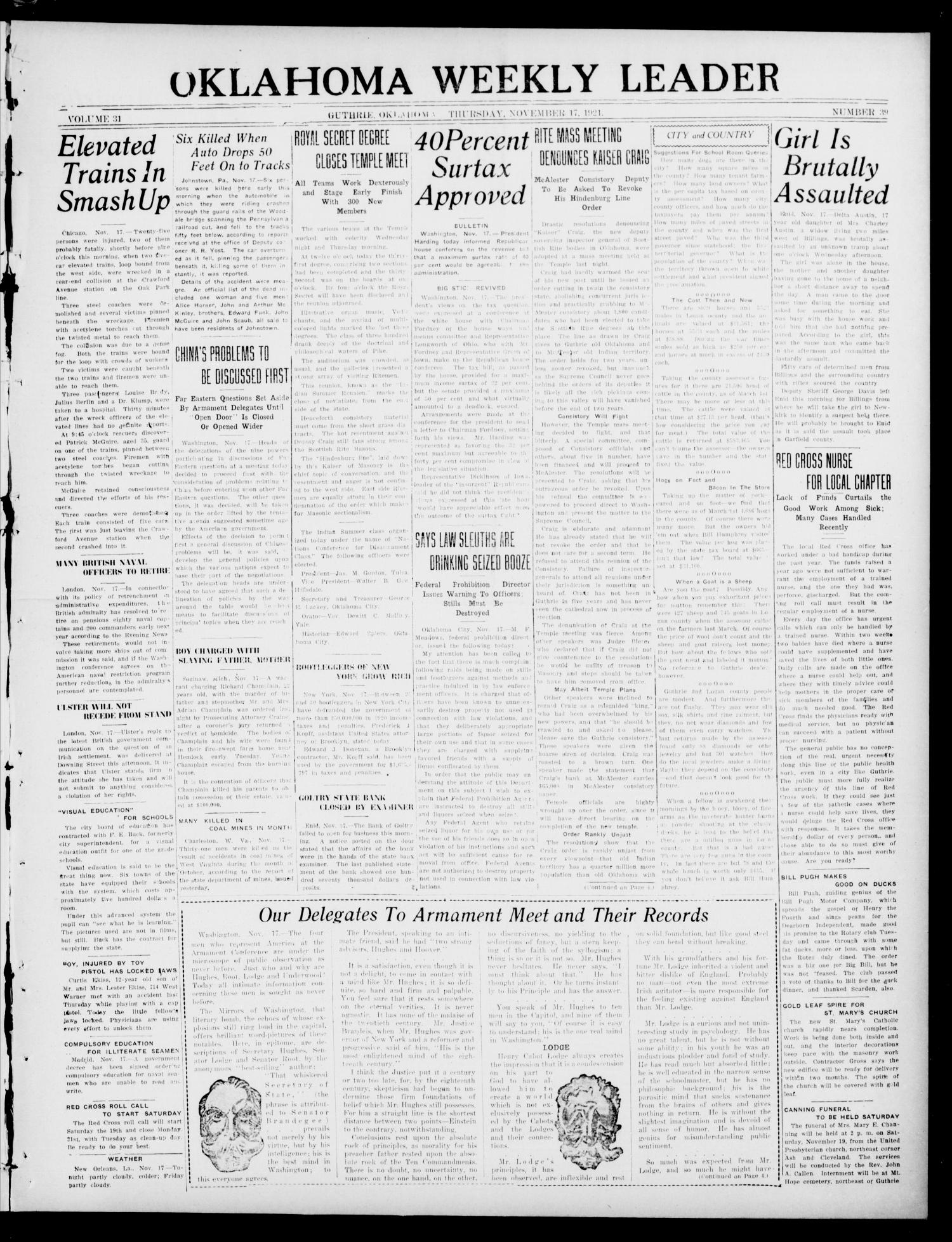 Oklahoma Weekly Leader (Guthrie, Okla.), Vol. 31, No. 39, Ed. 1 Thursday, November 17, 1921
                                                
                                                    [Sequence #]: 1 of 4
                                                