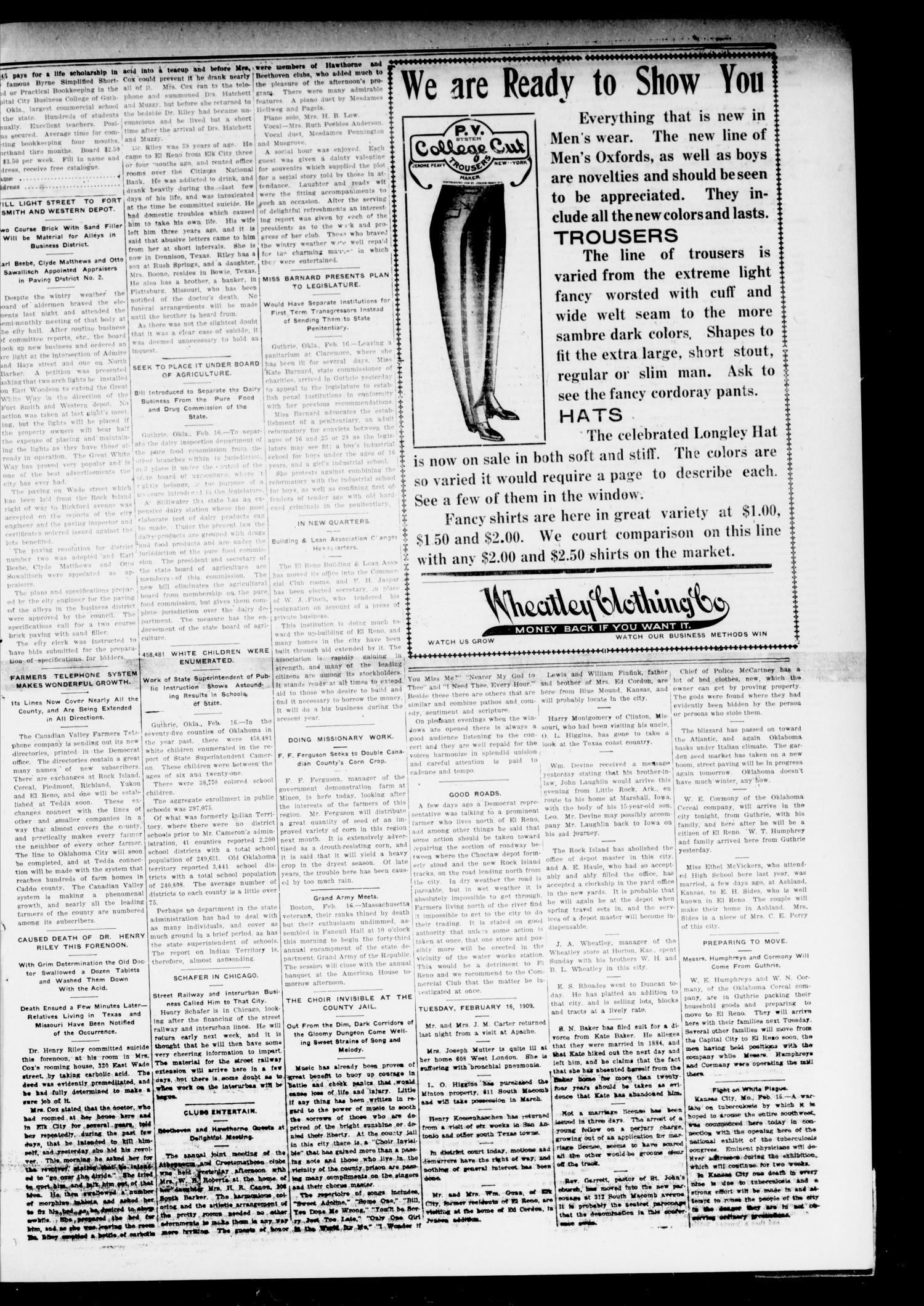 The El Reno Democrat. (El Reno, Okla.), Vol. 19, No. 50, Ed. 1 Thursday, February 18, 1909
                                                
                                                    [Sequence #]: 3 of 8
                                                