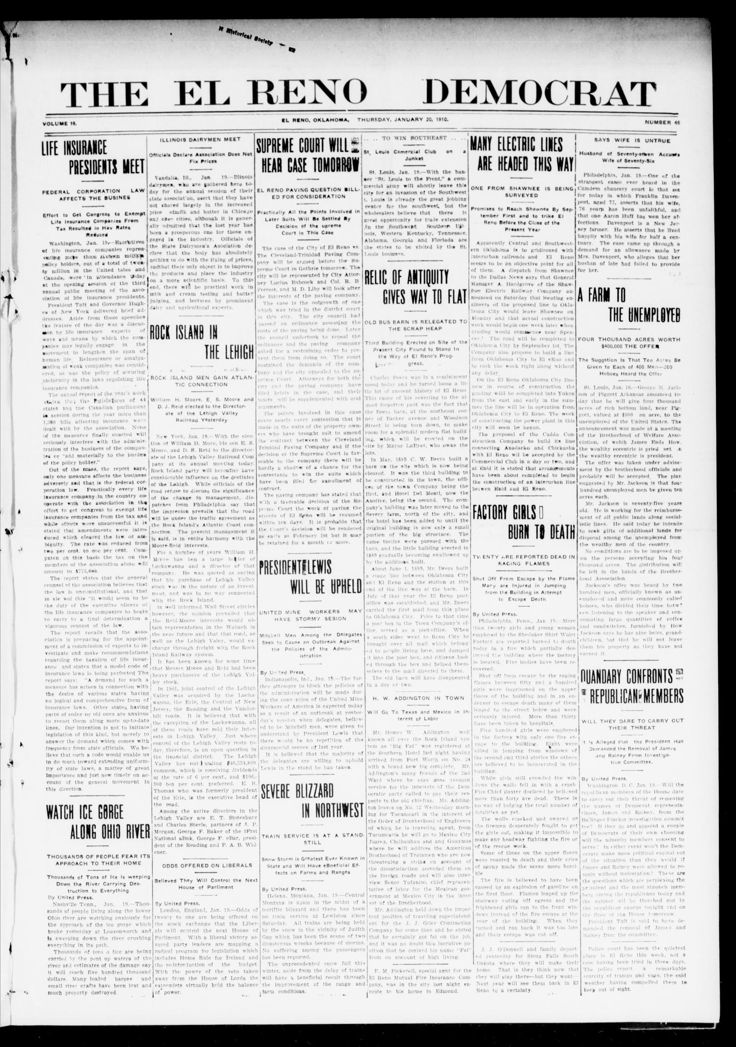 The El Reno Democrat (El Reno, Okla.), Vol. 21, No. 46, Ed. 1 Thursday, January 20, 1910
                                                
                                                    [Sequence #]: 1 of 8
                                                