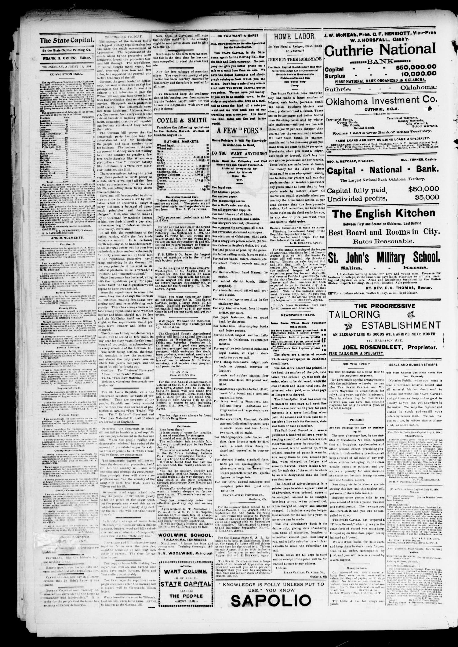 The Daily Oklahoma State Capital. (Guthrie, Okla.), Vol. 6, No. 96, Ed. 1 Wednesday, August 15, 1894
                                                
                                                    [Sequence #]: 2 of 4
                                                