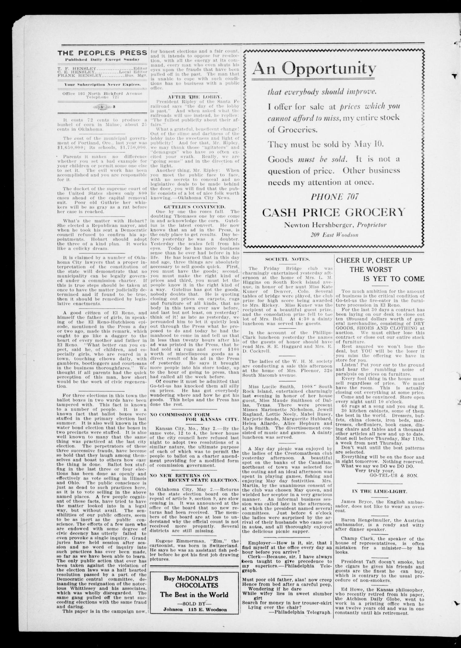 The Peoples Press (El Reno, Okla.), Vol. 1, No. 74, Ed. 1 Tuesday, May 2, 1911
                                                
                                                    [Sequence #]: 2 of 4
                                                