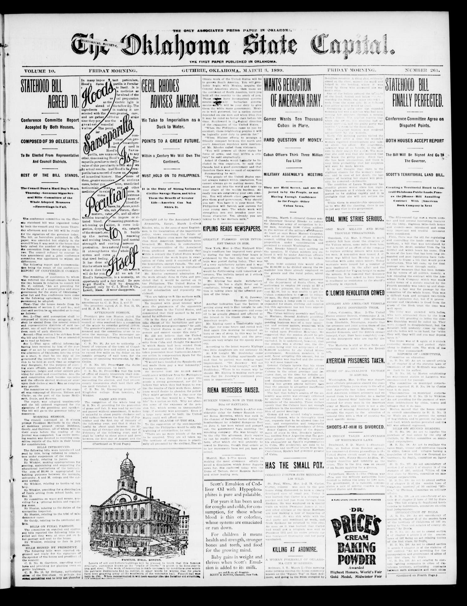The Oklahoma State Capital. (Guthrie, Okla.), Vol. 10, No. 261, Ed. 1 Friday, March 3, 1899
                                                
                                                    [Sequence #]: 1 of 8
                                                