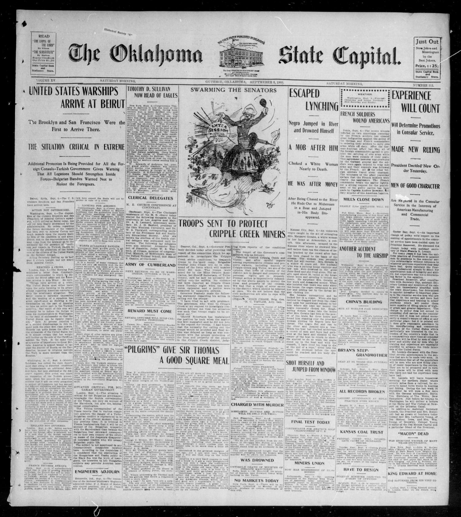 The Oklahoma State Capital. (Guthrie, Okla.), Vol. 15, No. 113, Ed. 1 Saturday, September 5, 1903
                                                
                                                    [Sequence #]: 1 of 8
                                                