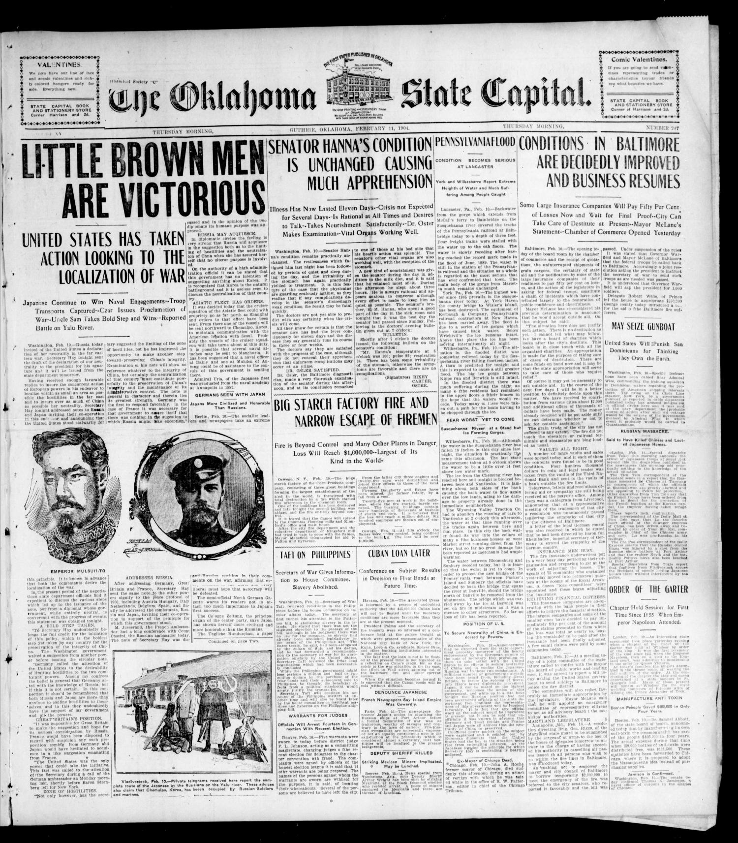 The Oklahoma State Capital. (Guthrie, Okla.), Vol. 15, No. 247, Ed. 1 Thursday, February 11, 1904
                                                
                                                    [Sequence #]: 1 of 8
                                                