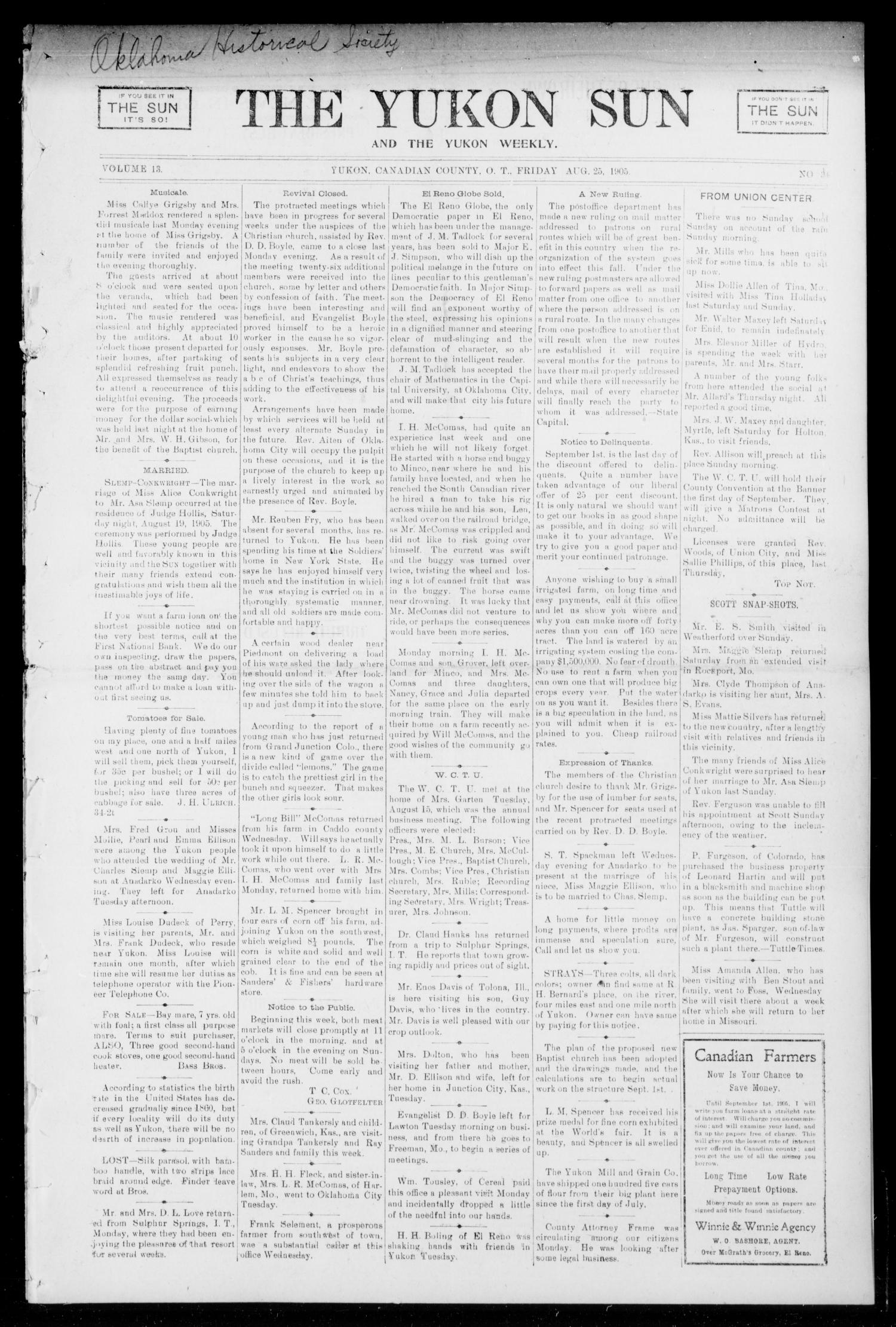 The Yukon Sun And The Yukon Weekly. (Yukon, Okla. Terr.), Vol. 13, No. 34, Ed. 1 Friday, August 25, 1905
                                                
                                                    [Sequence #]: 1 of 10
                                                