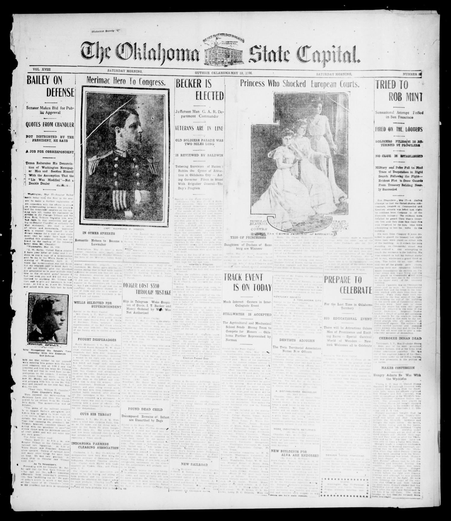The Oklahoma State Capital. (Guthrie, Okla.), Vol. 18, No. 22, Ed. 1 Saturday, May 19, 1906
                                                
                                                    [Sequence #]: 1 of 8
                                                