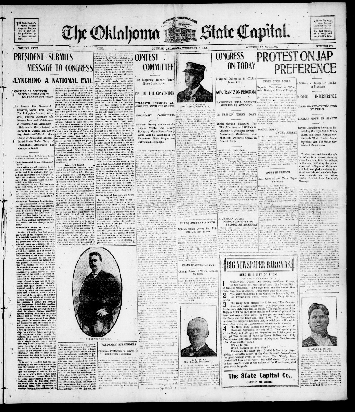 The Oklahoma State Capital. (Guthrie, Okla.), Vol. 18, No. 196, Ed. 1 Wednesday, December 5, 1906
                                                
                                                    [Sequence #]: 1 of 12
                                                