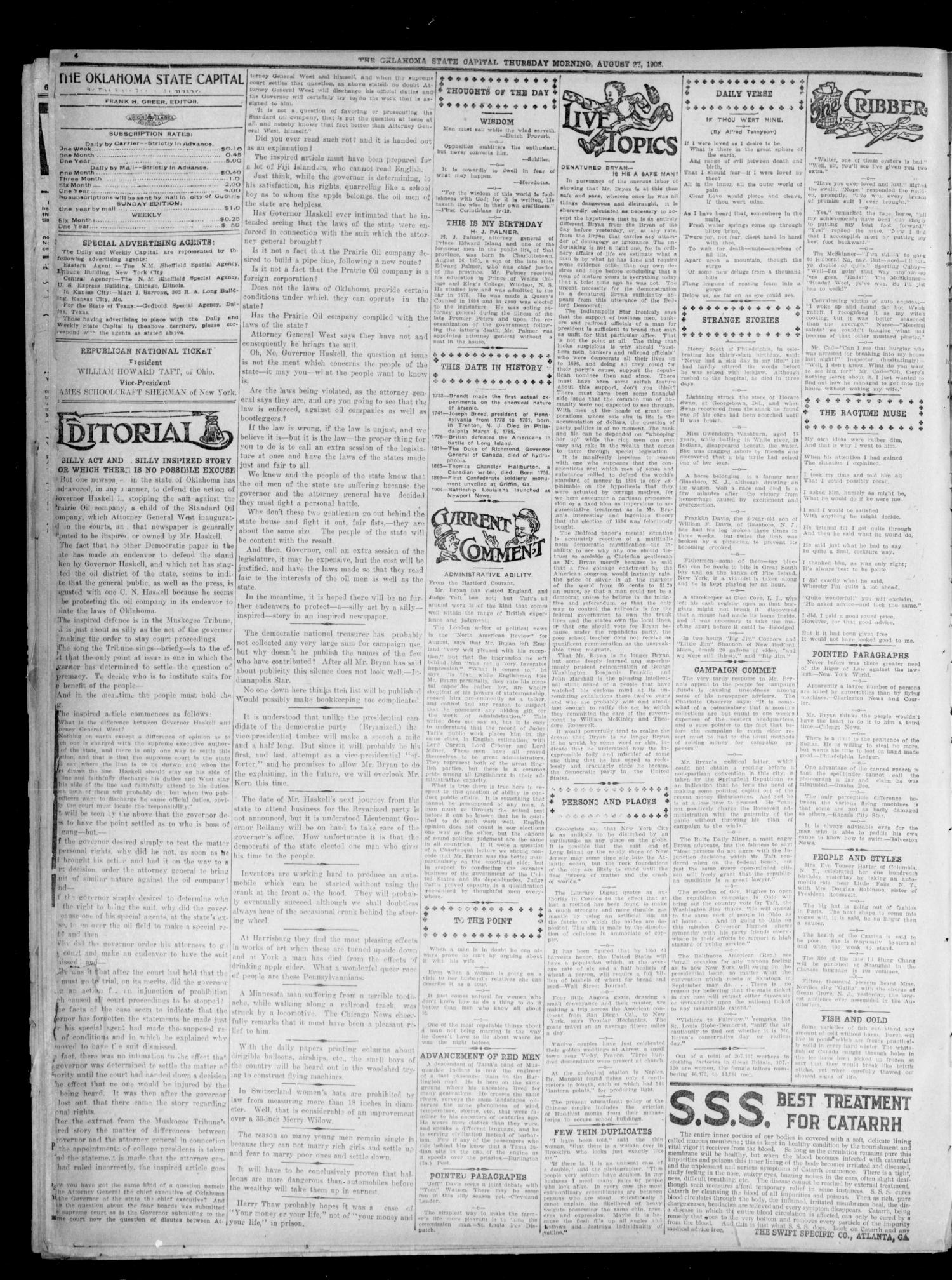 The Oklahoma State Capital. (Guthrie, Okla.), Vol. 20, No. 127, Ed. 1 Thursday, August 27, 1908
                                                
                                                    [Sequence #]: 4 of 8
                                                