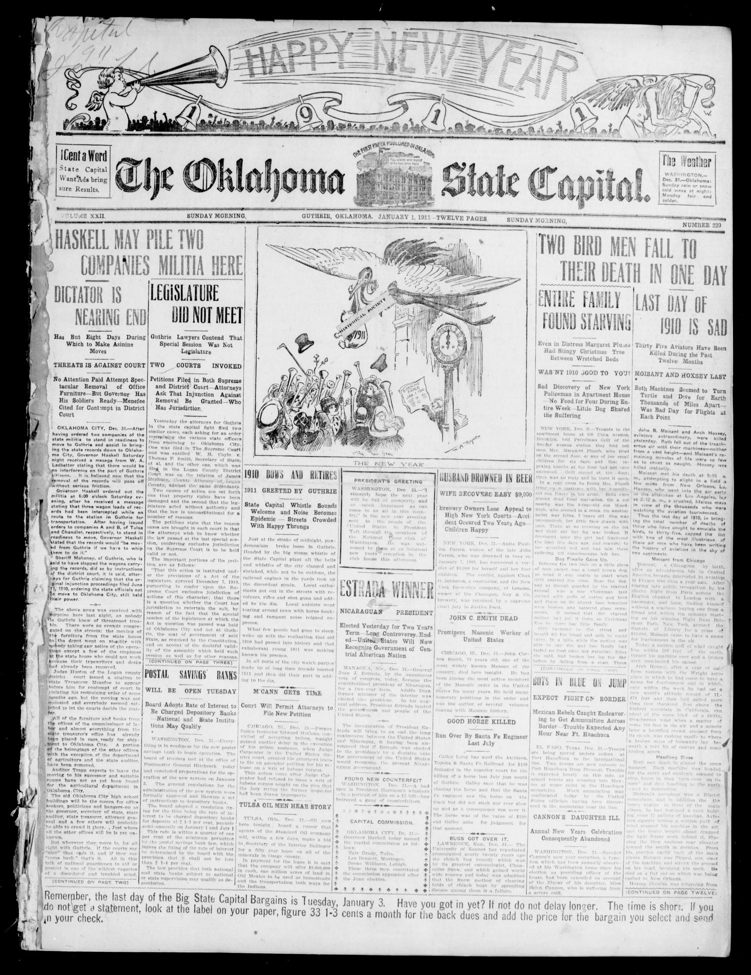 The Oklahoma State Capital. (Guthrie, Okla.), Vol. 22, No. 219, Ed. 1 Sunday, January 1, 1911
                                                
                                                    [Sequence #]: 1 of 12
                                                