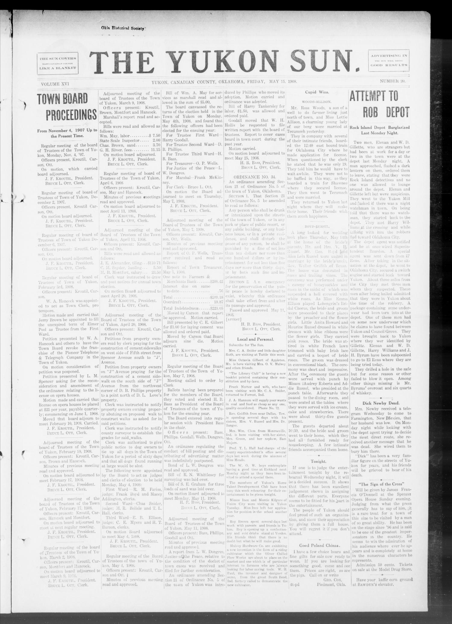 The Yukon Sun. (Yukon, Okla.), Vol. 16, No. 20, Ed. 1 Friday, May 15, 1908
                                                
                                                    [Sequence #]: 1 of 8
                                                