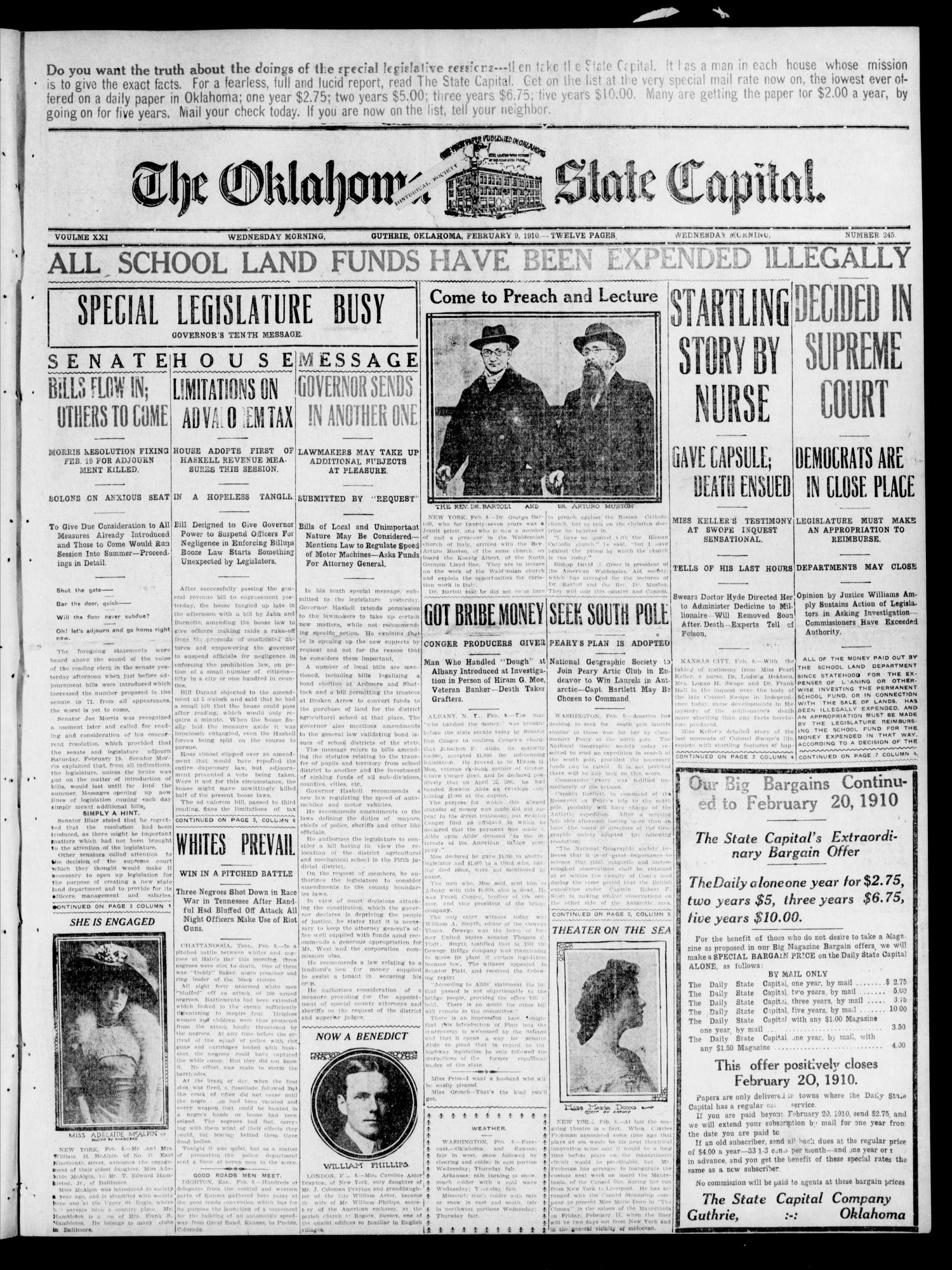 The Oklahoma State Capital. (Guthrie, Okla.), Vol. 21, No. 246, Ed. 1 Wednesday, February 9, 1910
                                                
                                                    [Sequence #]: 1 of 12
                                                