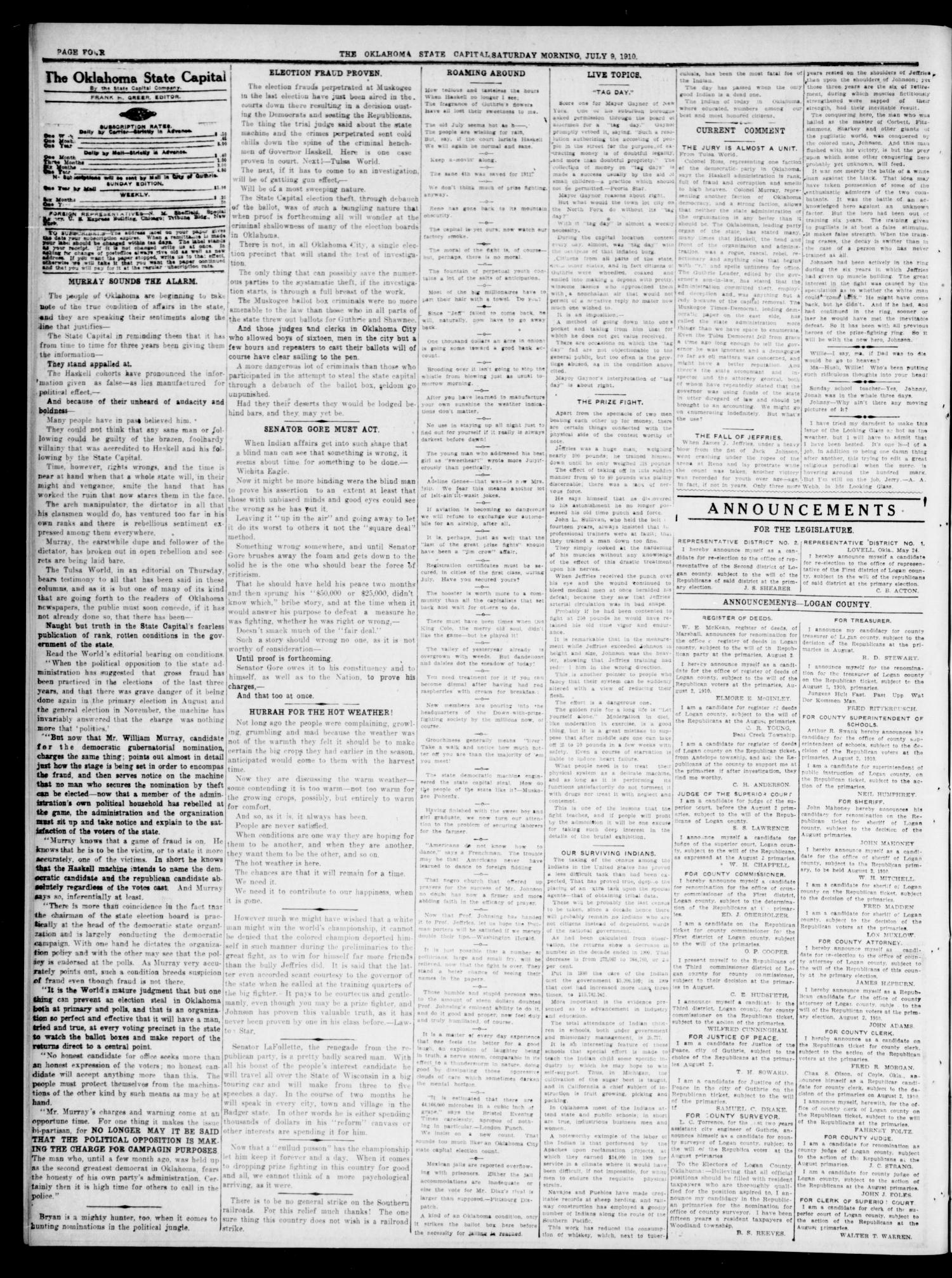 The Oklahoma State Capital. (Guthrie, Okla.), Vol. 22, No. 66, Ed. 1 Saturday, July 9, 1910
                                                
                                                    [Sequence #]: 4 of 8
                                                