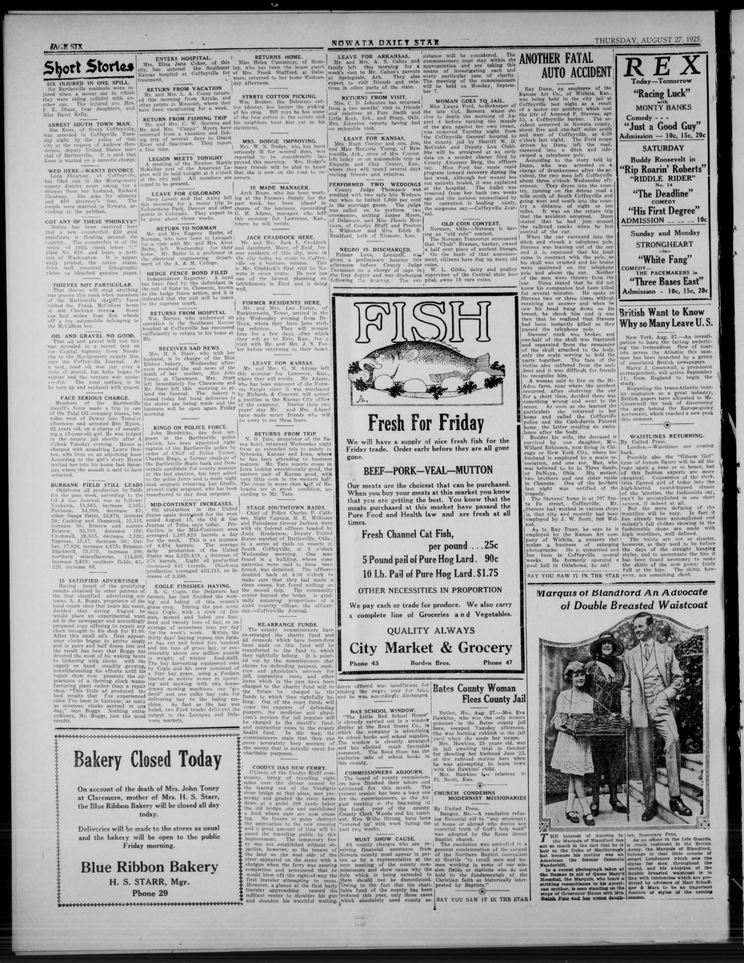 Nowata Daily Star (Nowata, Okla.), Vol. 17, No. 94, Ed. 1 Thursday, August 27, 1925
                                                
                                                    [Sequence #]: 6 of 6
                                                