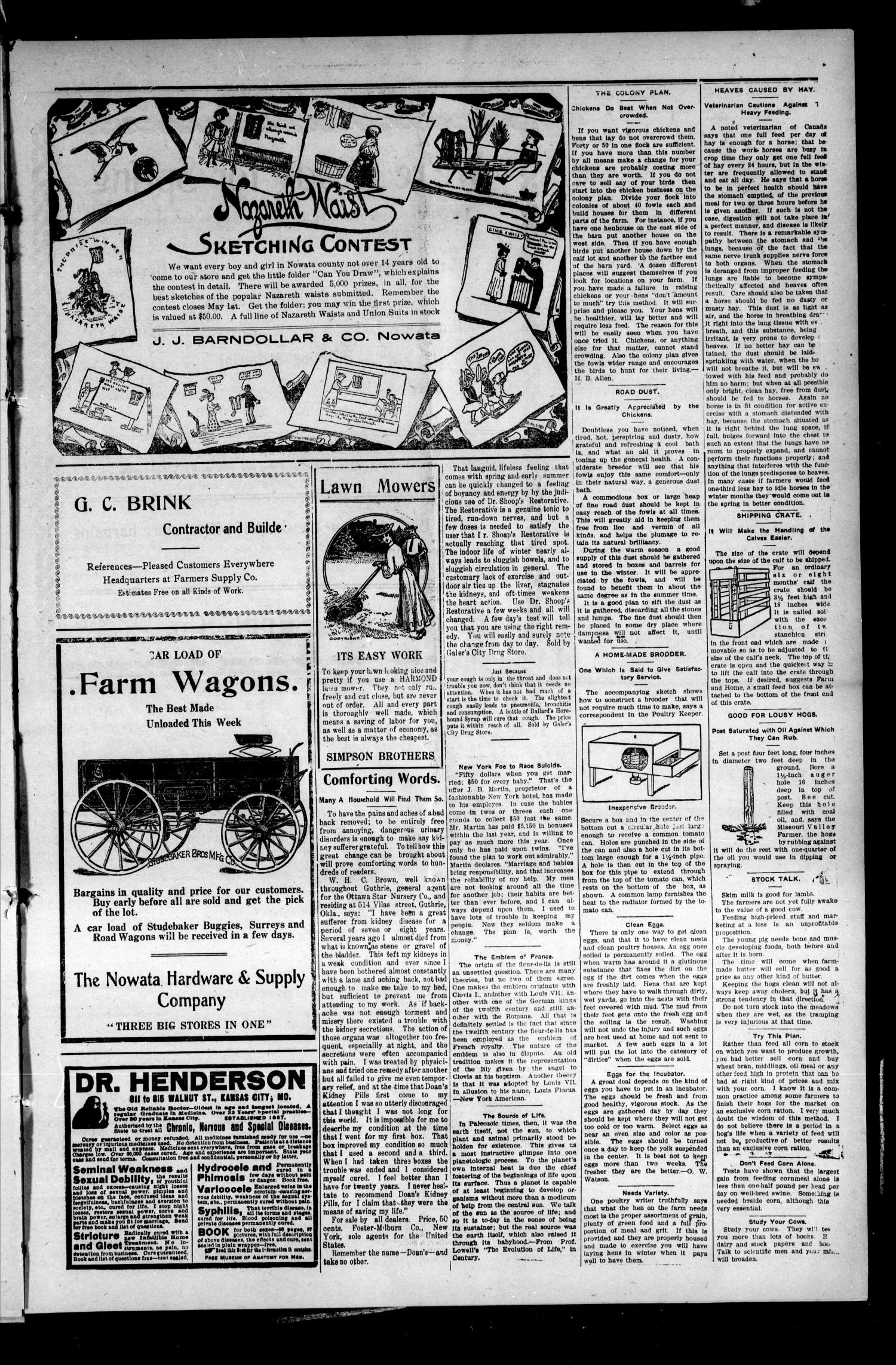 The Nowata Advertiser. (Nowata, Okla.), Vol. 14, No. 6, Ed. 1 Friday, April 24, 1908
                                                
                                                    [Sequence #]: 5 of 8
                                                