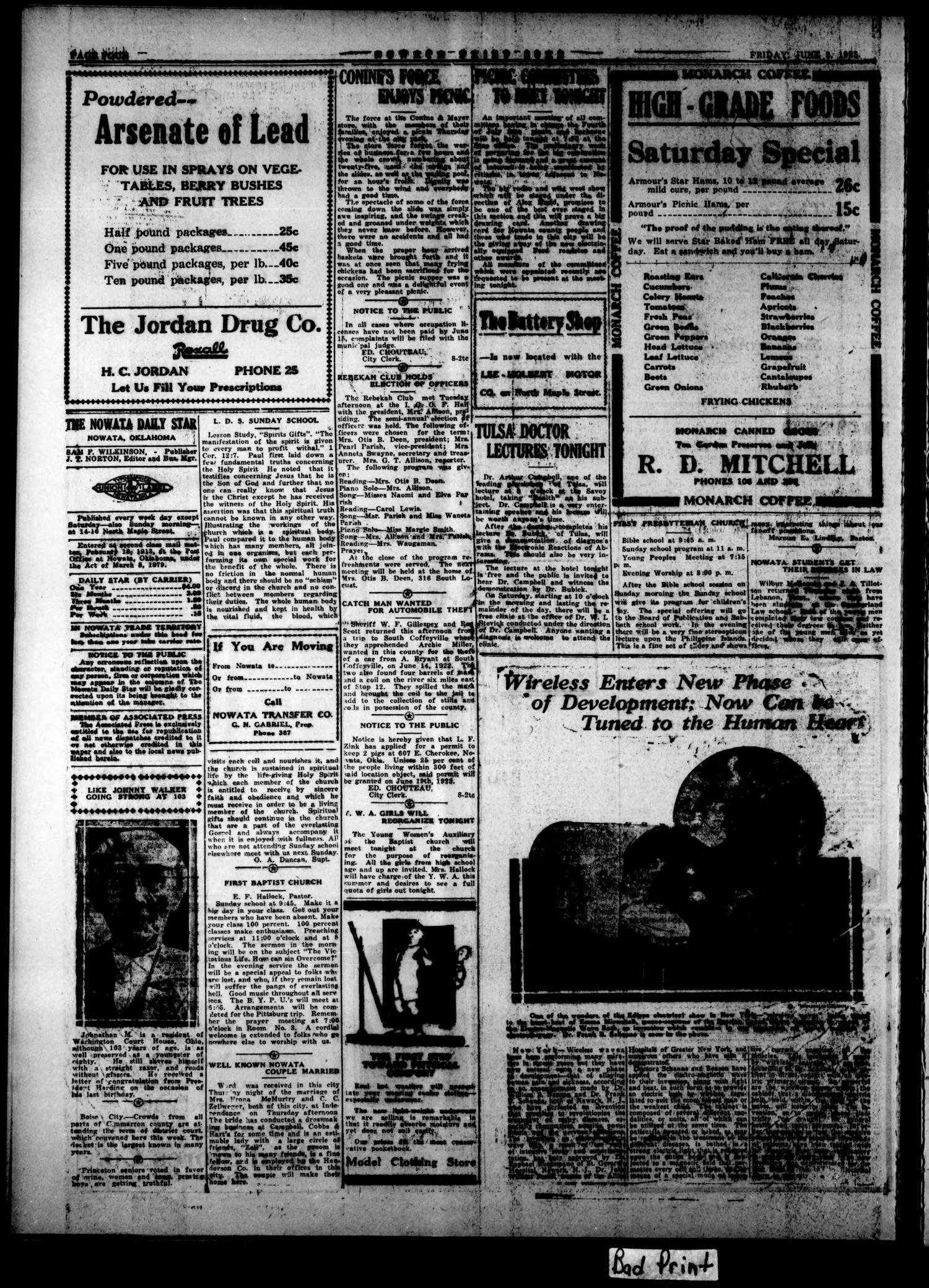 Nowata Daily Star (Nowata, Okla.), Vol. 15, No. 55, Ed. 1 Friday, June 8, 1923
                                                
                                                    [Sequence #]: 4 of 8
                                                