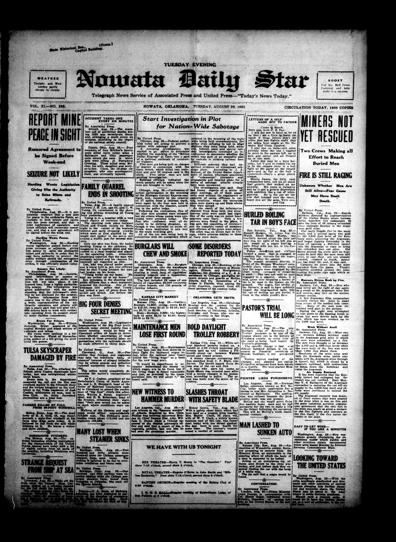 Nowata Daily Star (Nowata, Okla.), Vol. 11, No. 293, Ed. 1 Tuesday, August 29, 1922
                                                
                                                    [Sequence #]: 1 of 6
                                                