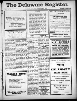 Primary view of object titled 'The Delaware Register. (Delaware, Okla.), Vol. 1, No. 14, Ed. 1 Friday, September 30, 1910'.