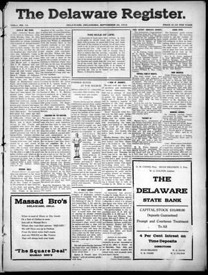 Primary view of object titled 'The Delaware Register. (Delaware, Okla.), Vol. 1, No. 13, Ed. 1 Friday, September 23, 1910'.