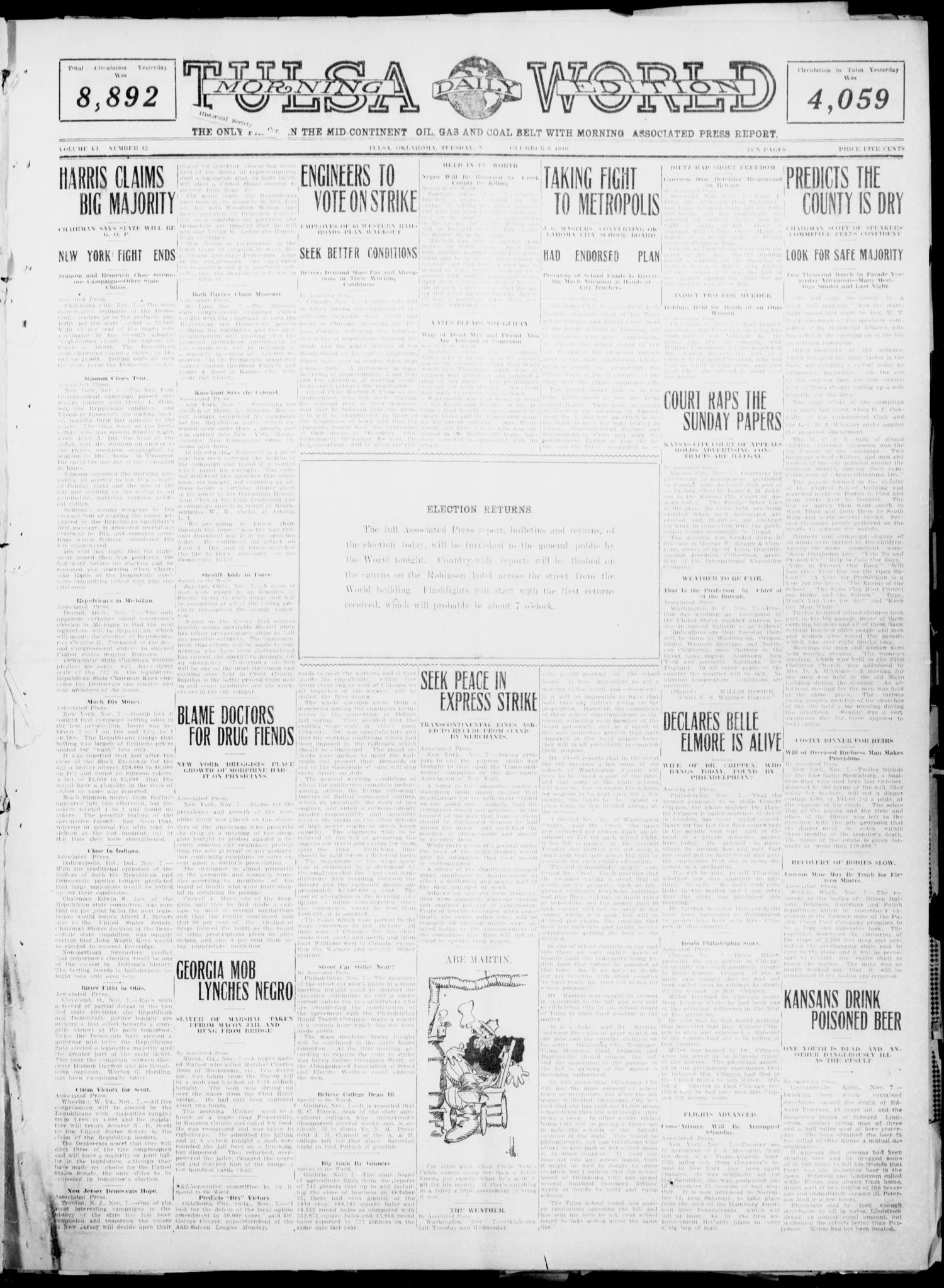 Tulsa Daily World (Tulsa, Okla.), Vol. 6, No. 42, Ed. 1 Tuesday, November 8, 1910
                                                
                                                    [Sequence #]: 1 of 10
                                                